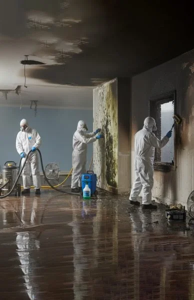 Three individuals in protective suits removing soot and fire damage from a wall and window in a burned building.