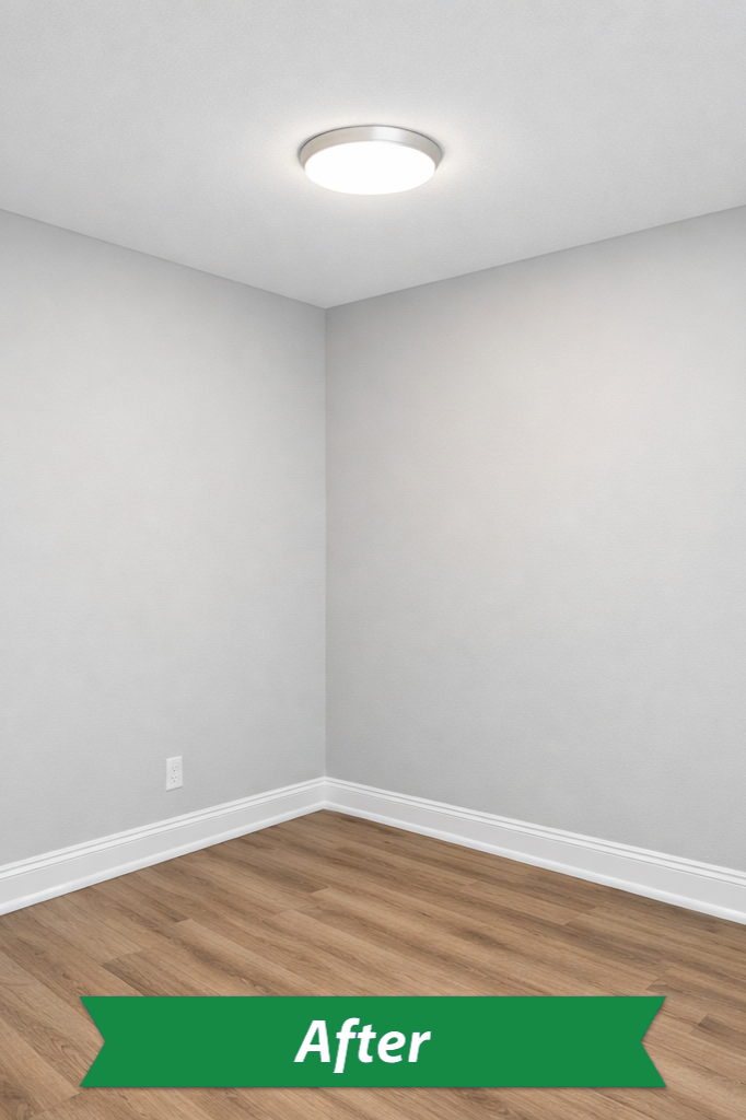 An empty room with gray walls, a round ceiling light, and wood flooring, labeled 'After'.