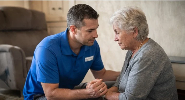 A young man and elderly woman share an emotional moment, holding hands and looking at each other.