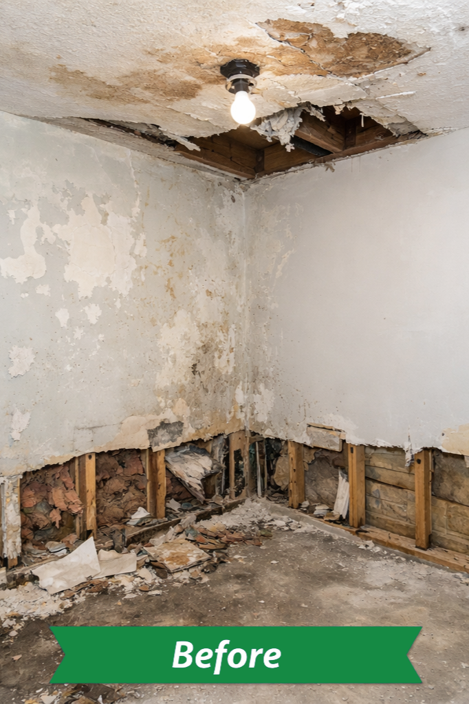 A room with a broken and unfinished ceiling and wall, exposed wooden framing at the bottom, peeling paint, and debris on the floor, with a single exposed light bulb hanging from the ceiling.
