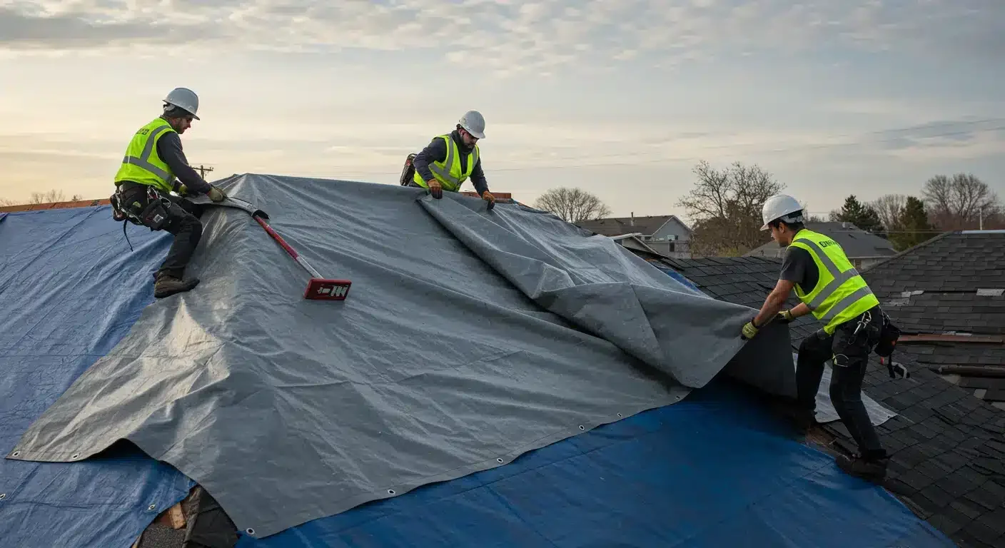 Three construction workers wearing safety helmets and reflective vests are installing or repairing a roof with a large gray tarp and black shingles, with trees and houses in the background under a cloudy sky.