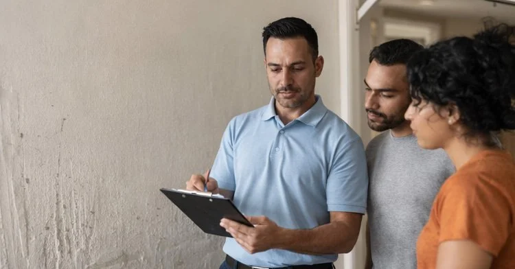 Three people looking at a clipboard in an indoor setting