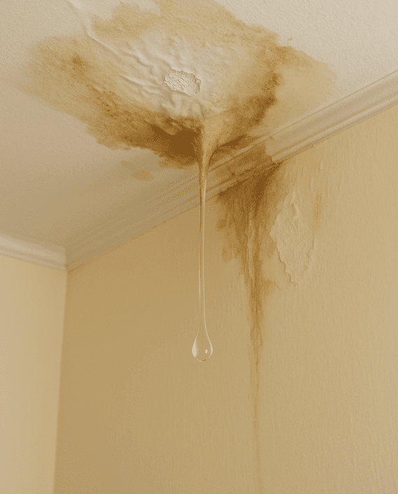 Ceiling water stain with leaking water droplet on beige wall.