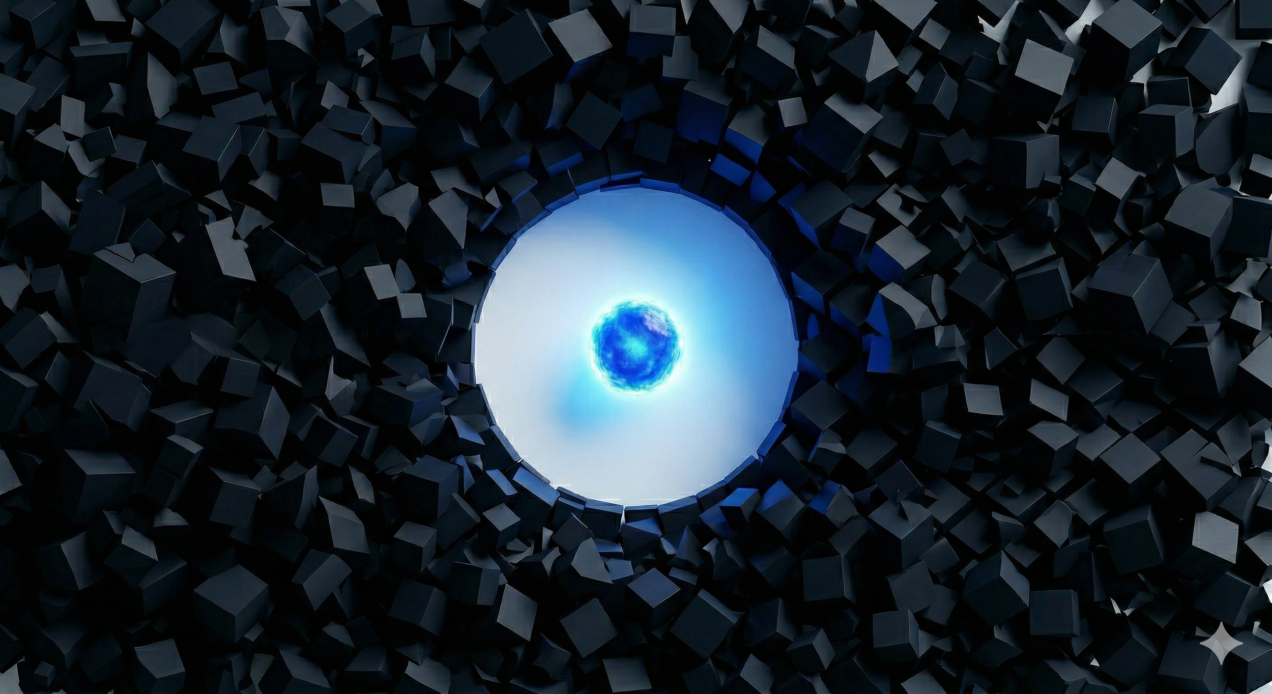 Recubrimiento de cubos negros formando un túnel con un agujero en el centro que revela un cielo azul y una esfera que parece representarse como un planeta