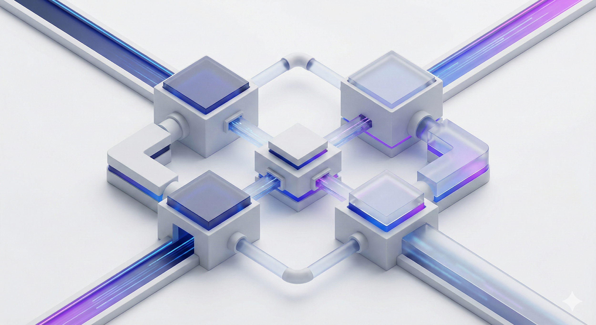 Diagrama futurista con componentes blancos y líneas de energía azul y morada, bloques y conexiones en un ambiente técnico o de ciencia ficción.