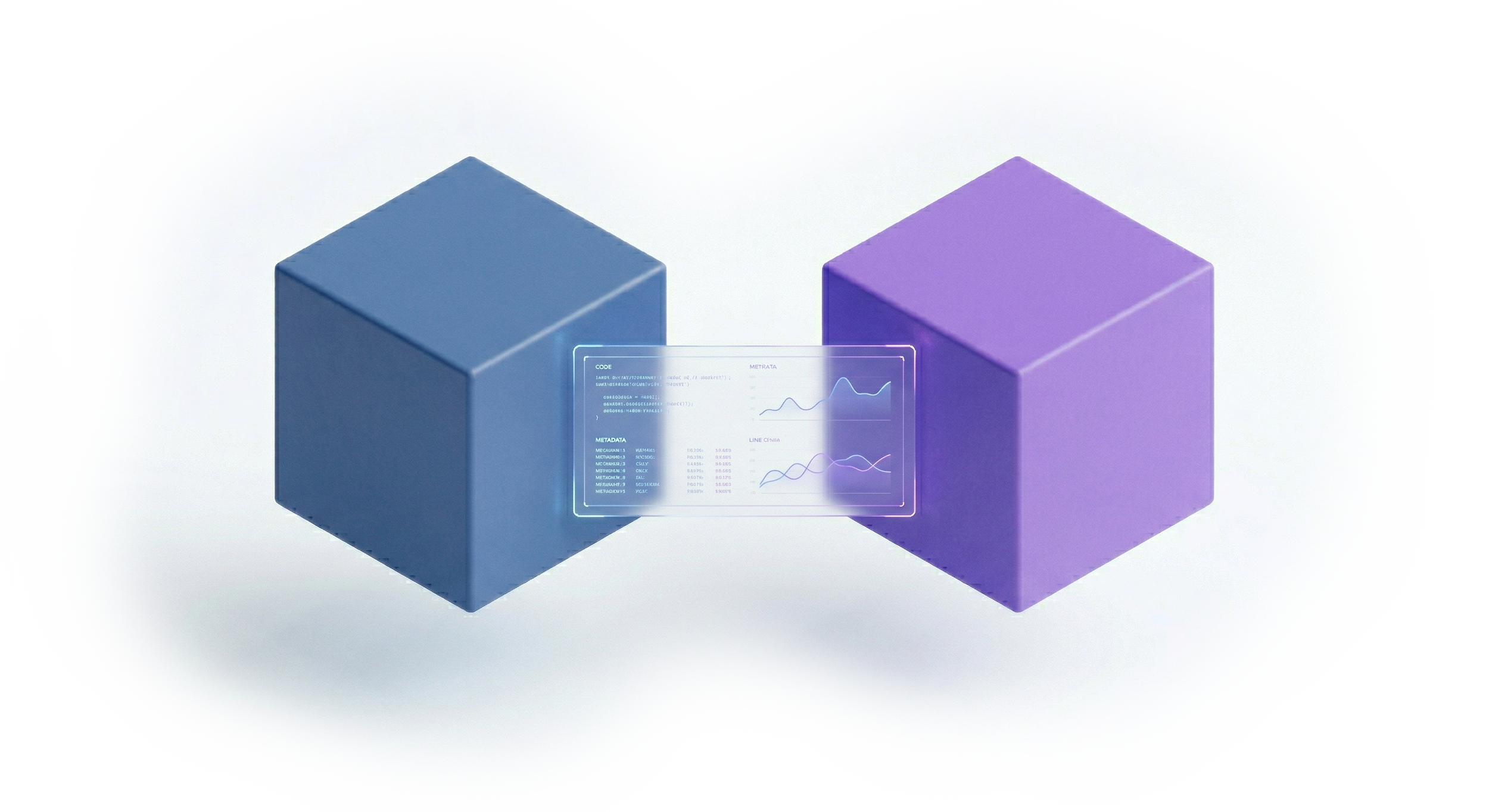 Alpha Discovery - Contacto - Dos cubos, uno azul y otro morado, con una pantalla transparente en el centro mostrando gráficos y datos digitales.