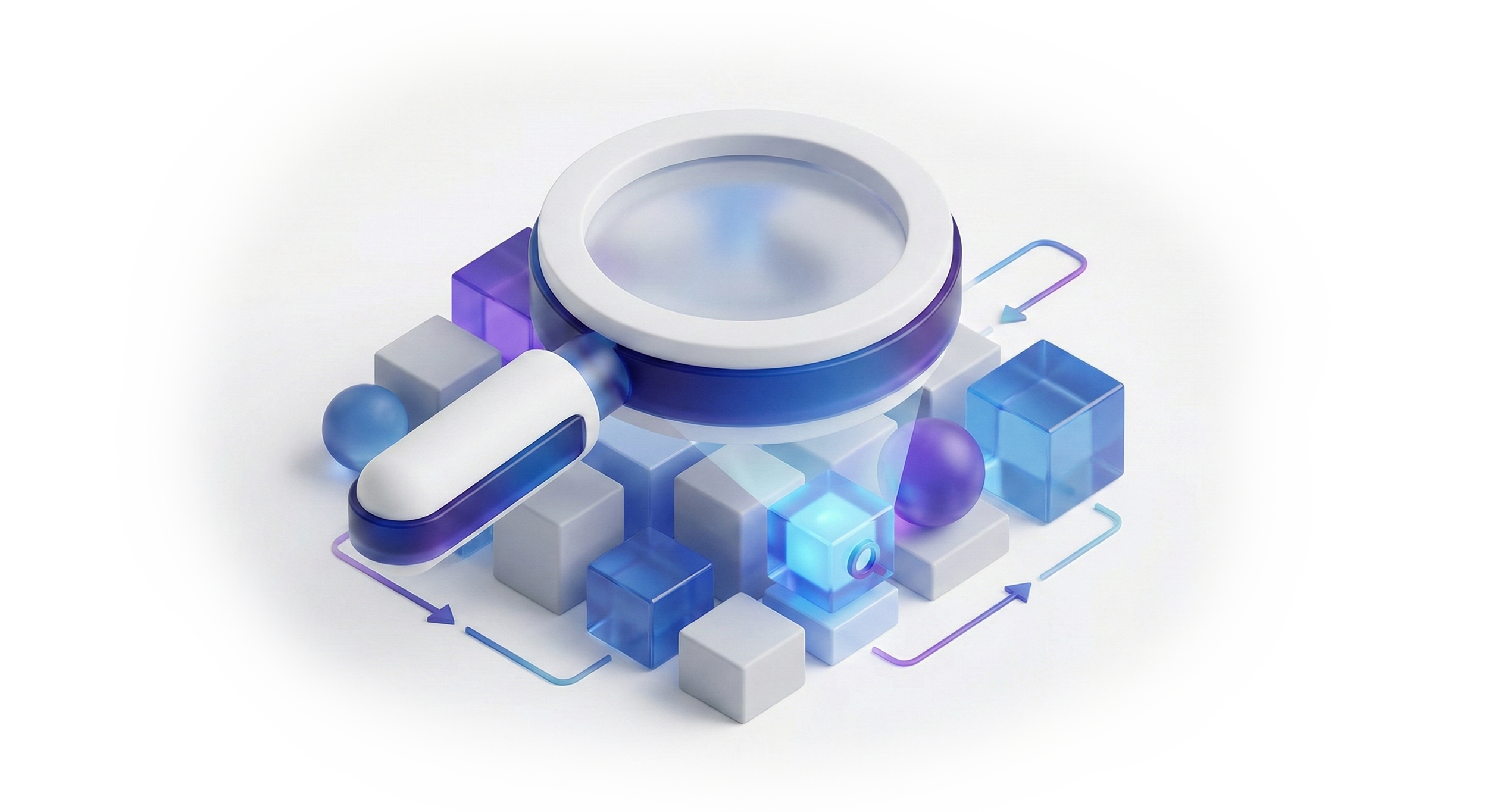 Ilustración digital de un microscopio con bloques y formas geométricas en tonos morados, azules y grises, representando ciencia o tecnología.