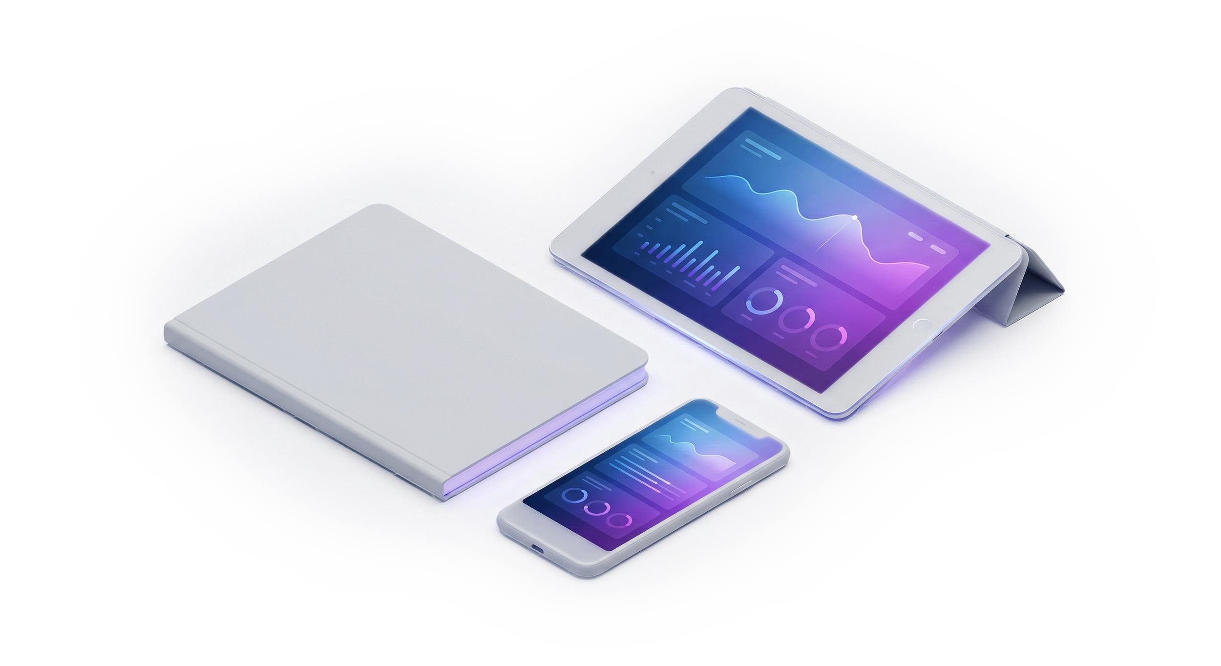 Alpha Discovery - Blog - Dispositivo electrónico tipo tableta, teléfono móvil y varios accesorios sobre fondo blanco.