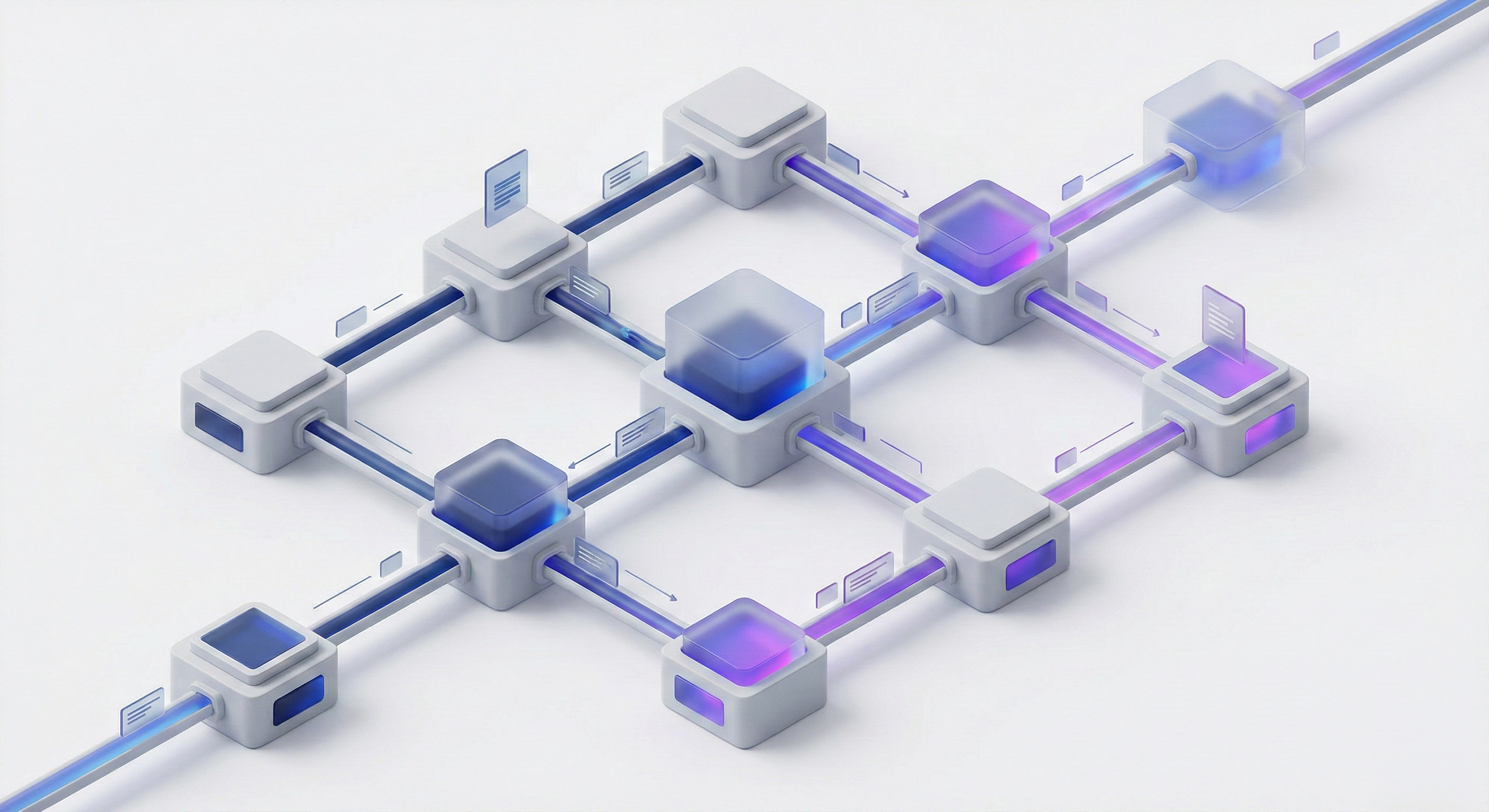 Ilustración digital de un sistema de bloques conectados que representan una red de tecnología moderna, con algunos bloques emitiendo luces violetas y azules.