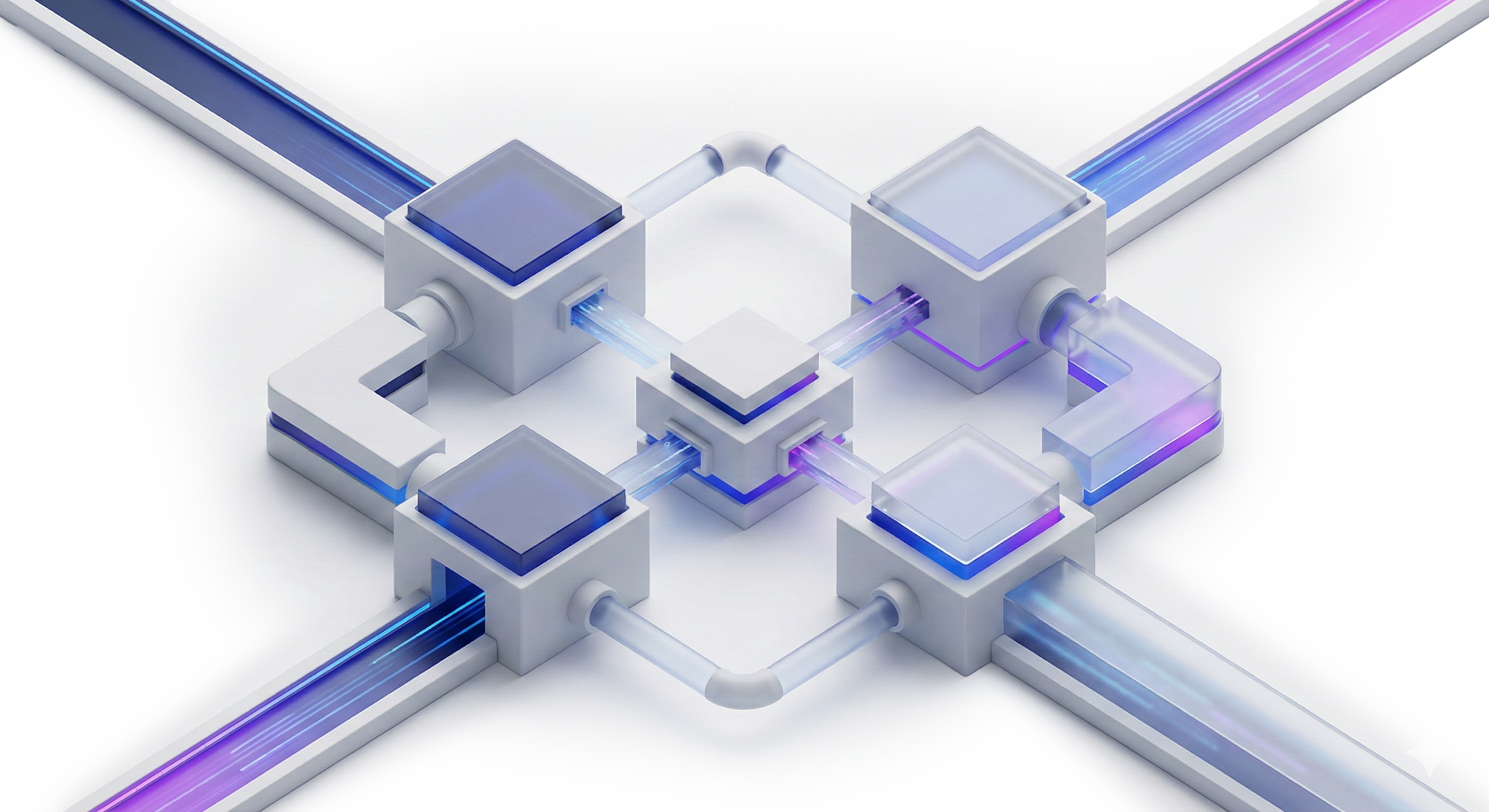 Ilustración digital de un sistema de procesamiento de datos, con componentes conectados por cables y tubos, con efectos de luz azul y violeta.