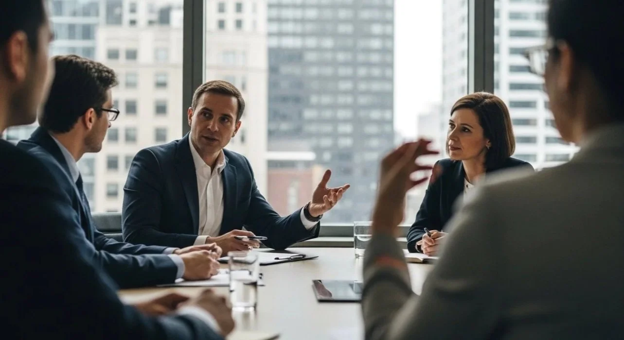 Business colleagues in a serious discussion during a meeting in a modern office with large windows and cityscape view.