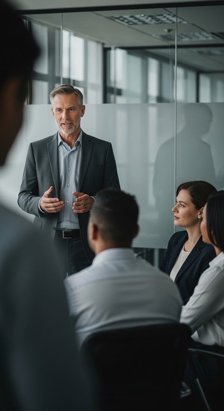 A middle-aged man in a suit giving a presentation to a group of diverse professionals in a modern office conference room.