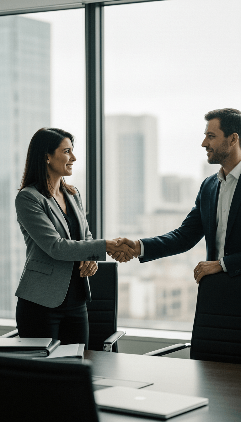 A woman and a man shaking hands in a modern office with large windows and cityscape view.