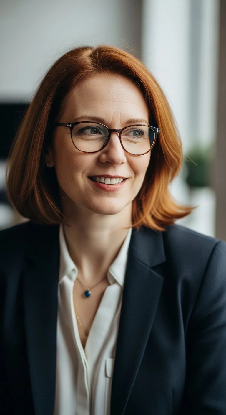 A smiling woman with red hair, glasses, and a business suit, sitting in an office environment.