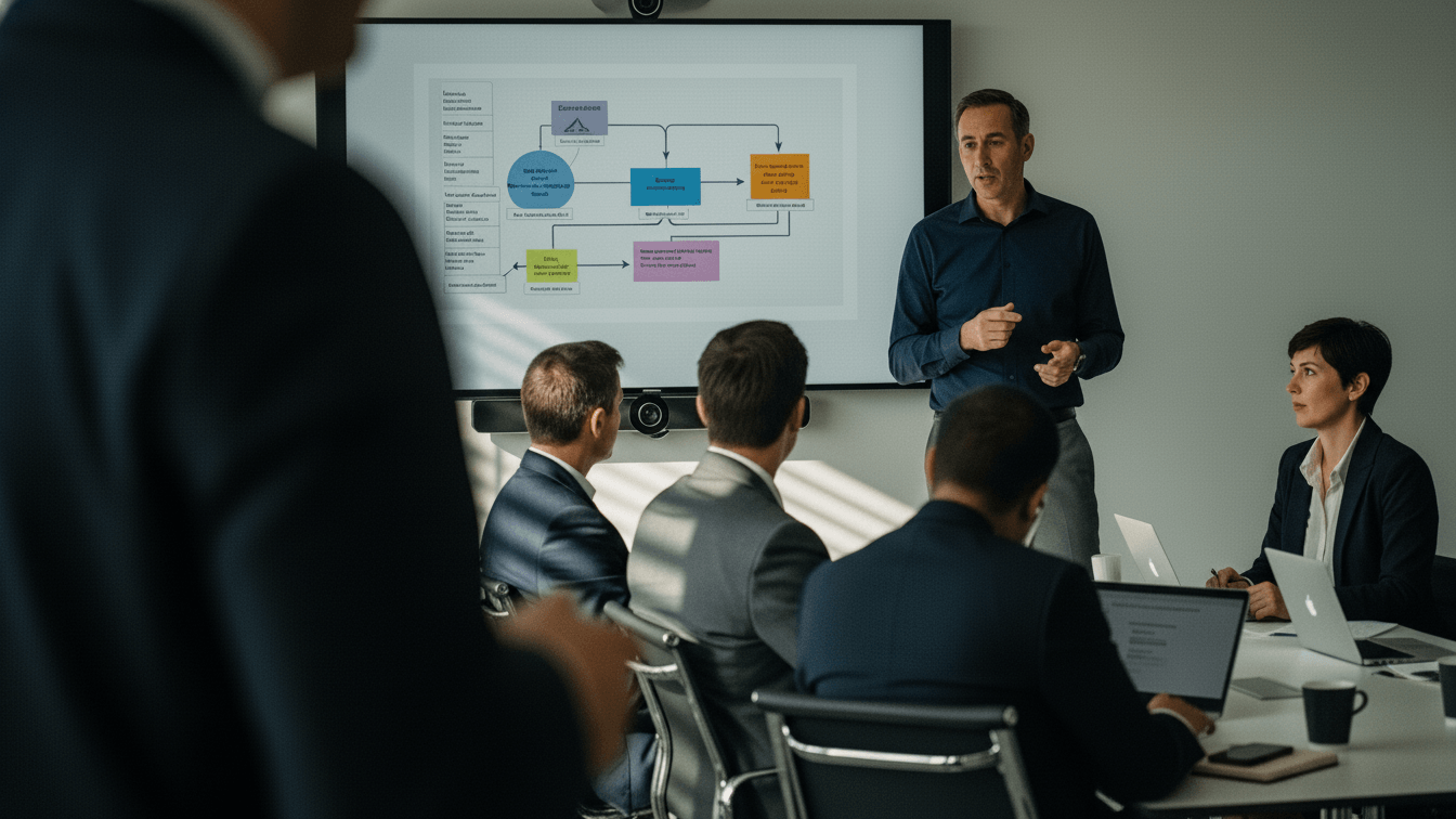 Man giving presentation to a group of professionals in a conference room with a large screen displaying a flowchart or diagram.