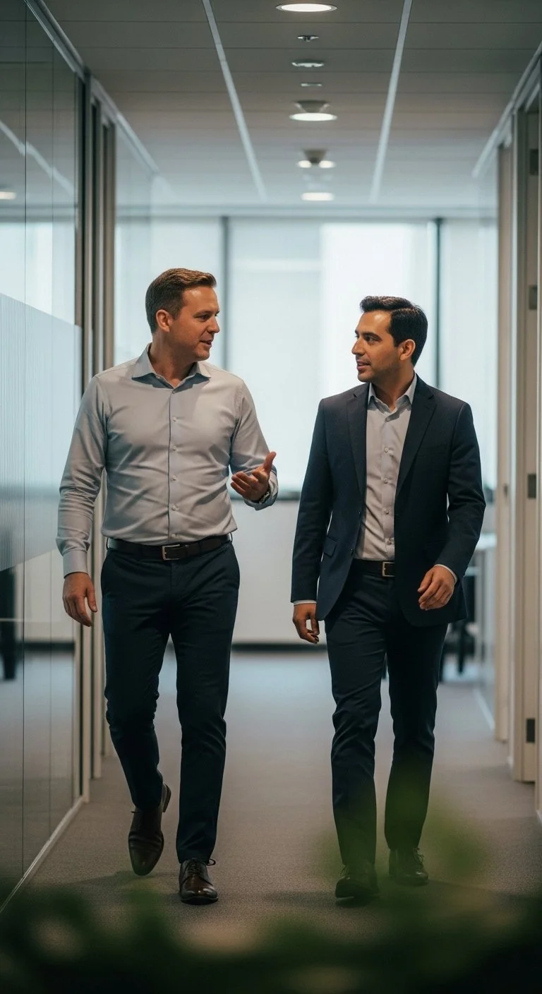Two men in business suits walking and talking in an office hallway.