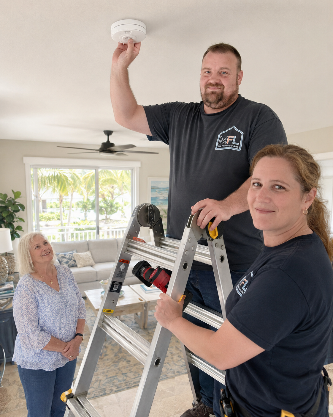 Image of us helping a senior with their smoke detector.
