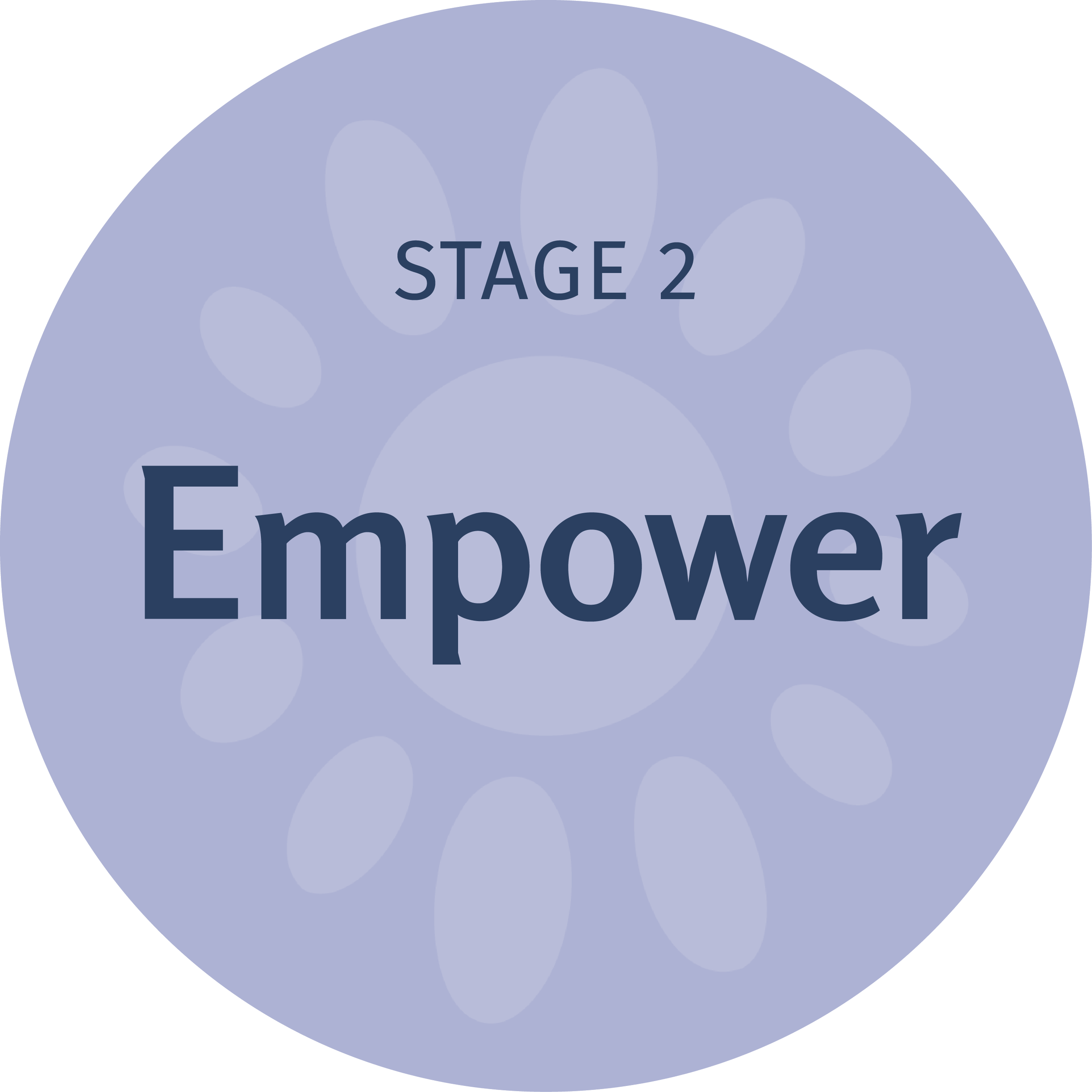 A circular infographic with a purple background, displaying the words 'STAGE 2' and 'Empower' prominently.