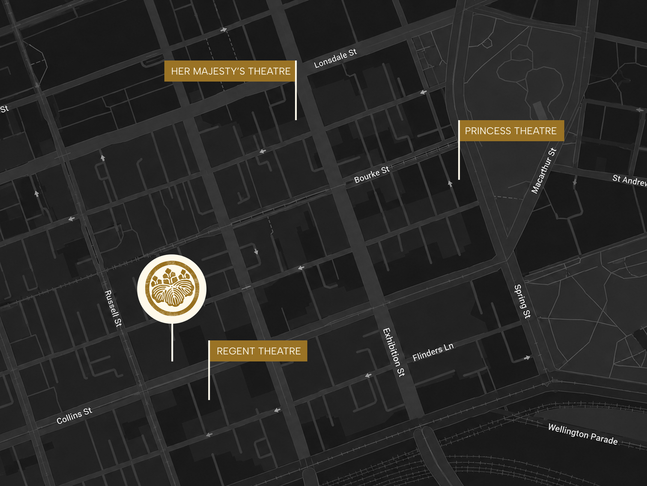map showing walking directions from Melbourne's theatres to Teppanyaki Inn restaurant including Regent Theatre and The Capitol