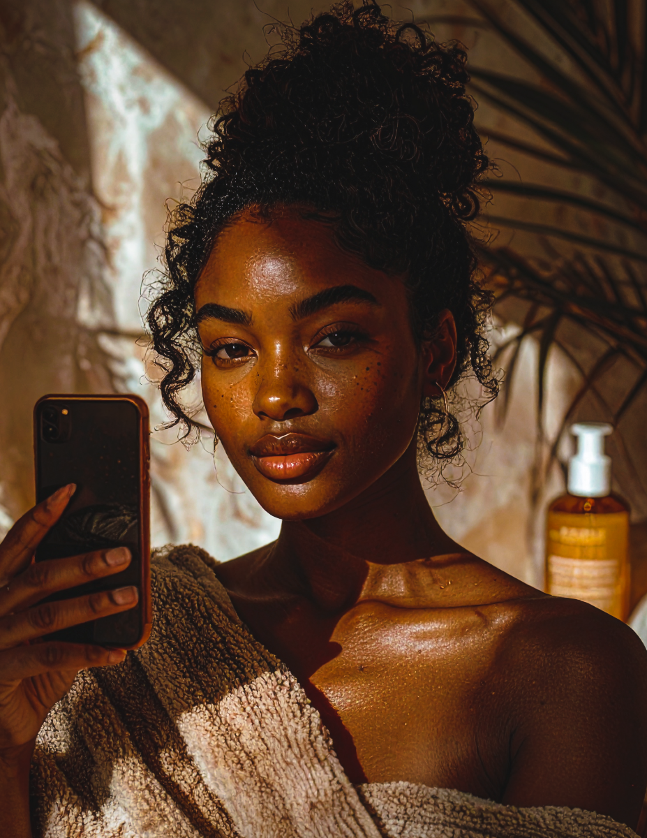 A woman taking a selfie with a smartphone, wrapped in a towel, with a bathroom or spa setting in the background, including a bottle of lotion and decorative plants.