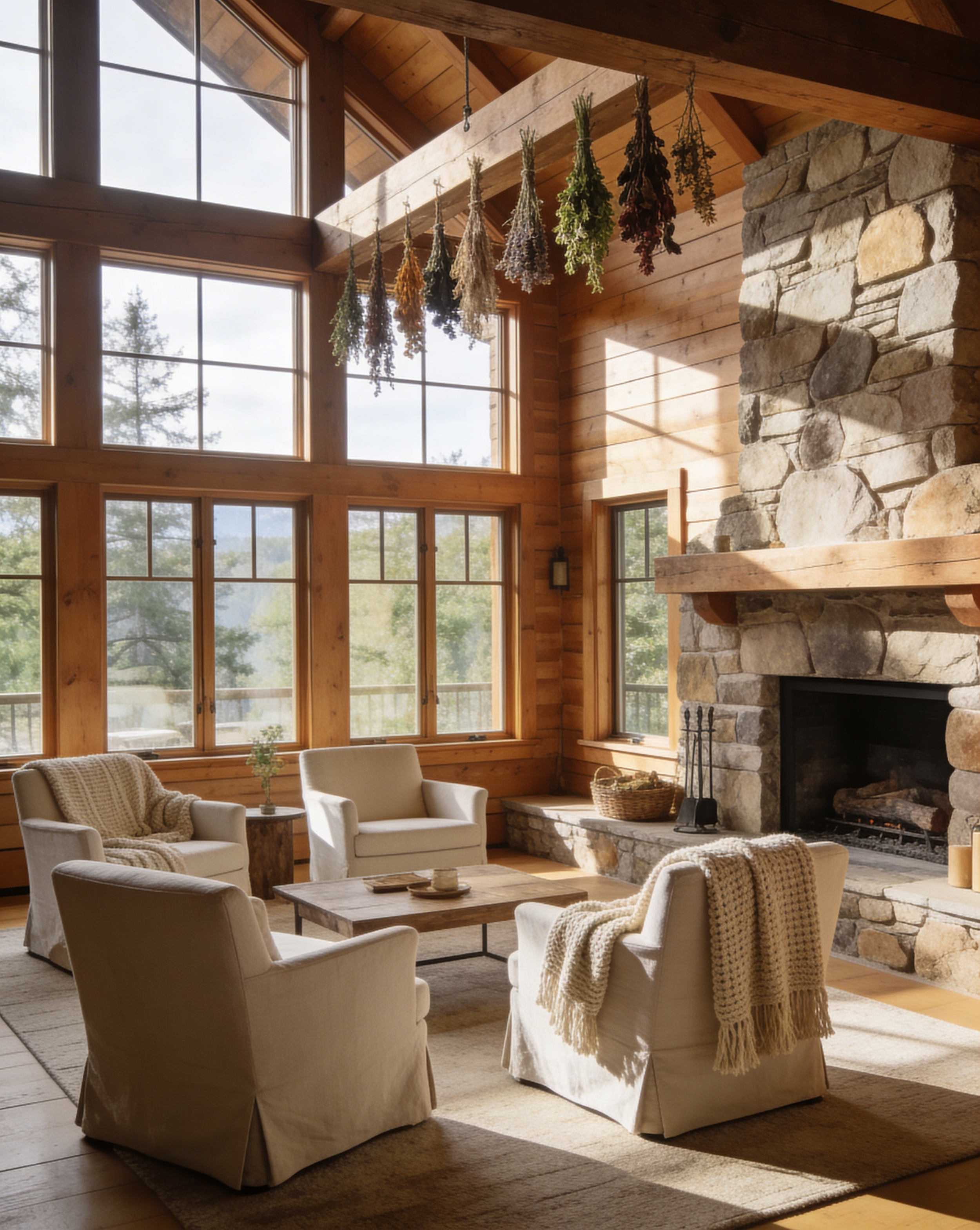 The Homestead property is designed as a peaceful countryside retreat surrounded by natural landscape, outdoor gathering spaces, and quiet walking paths.