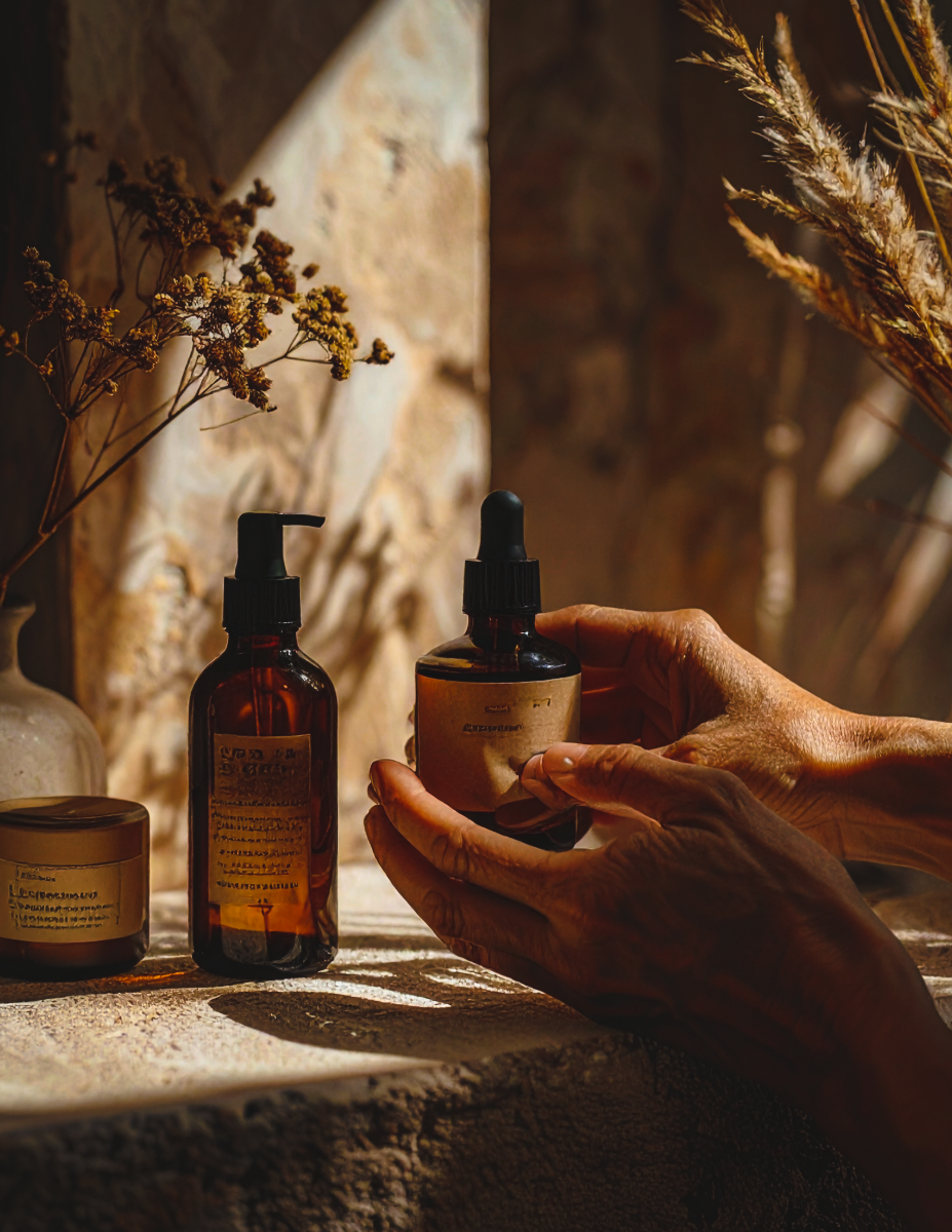 A person's hand holding a dark amber dropper bottle in front of two similar bottles on a surface, with dried plants and textured background, in warm, soft lighting.