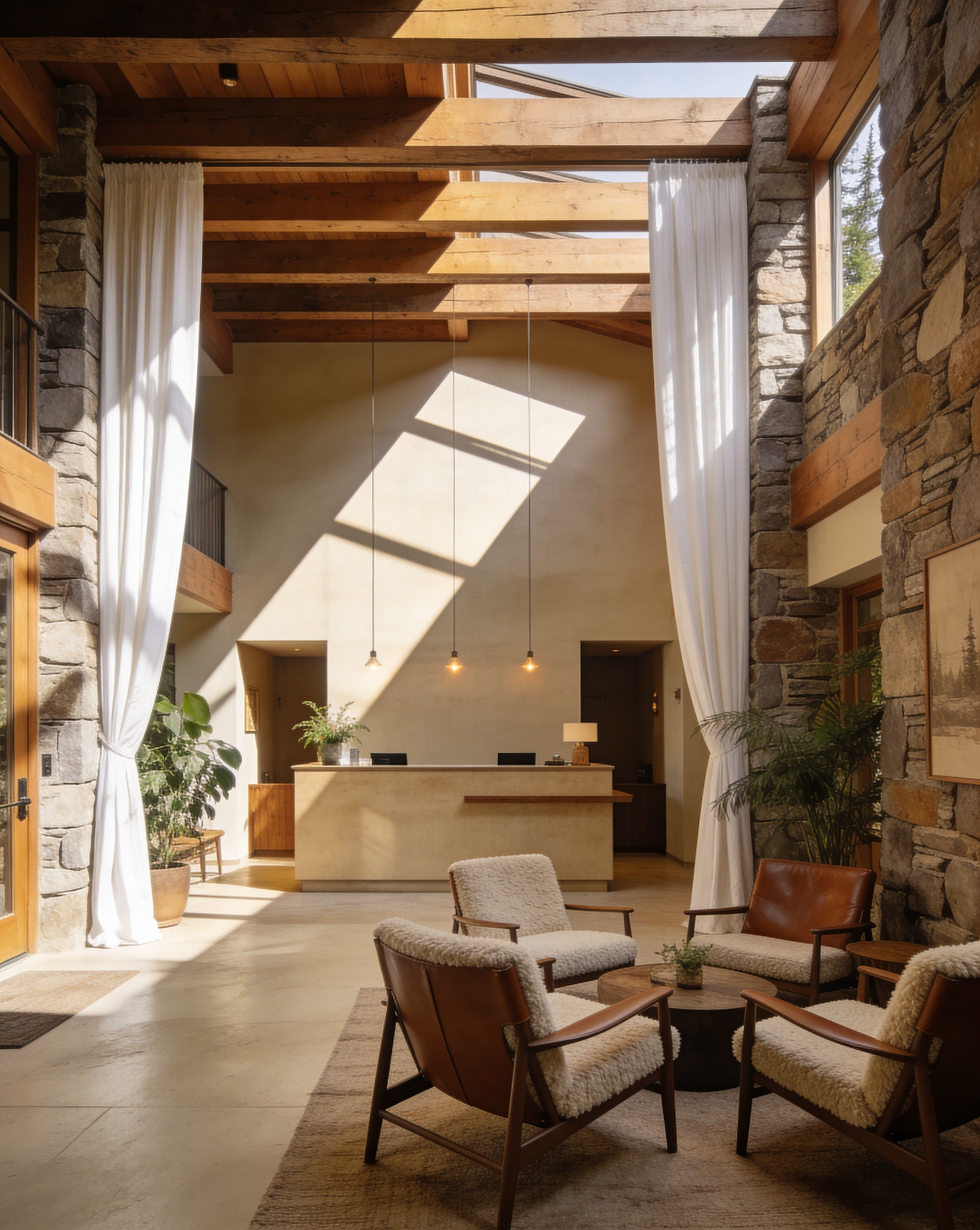 Generated with Kive.ai - luxury wellness lodge reception interior_ rustic modern architecture with natural wood beams and stone walls_ warm neutral earth tones_ soft golden lighting_ minimalist reception desk_ indoor plants and linen texture-2.png