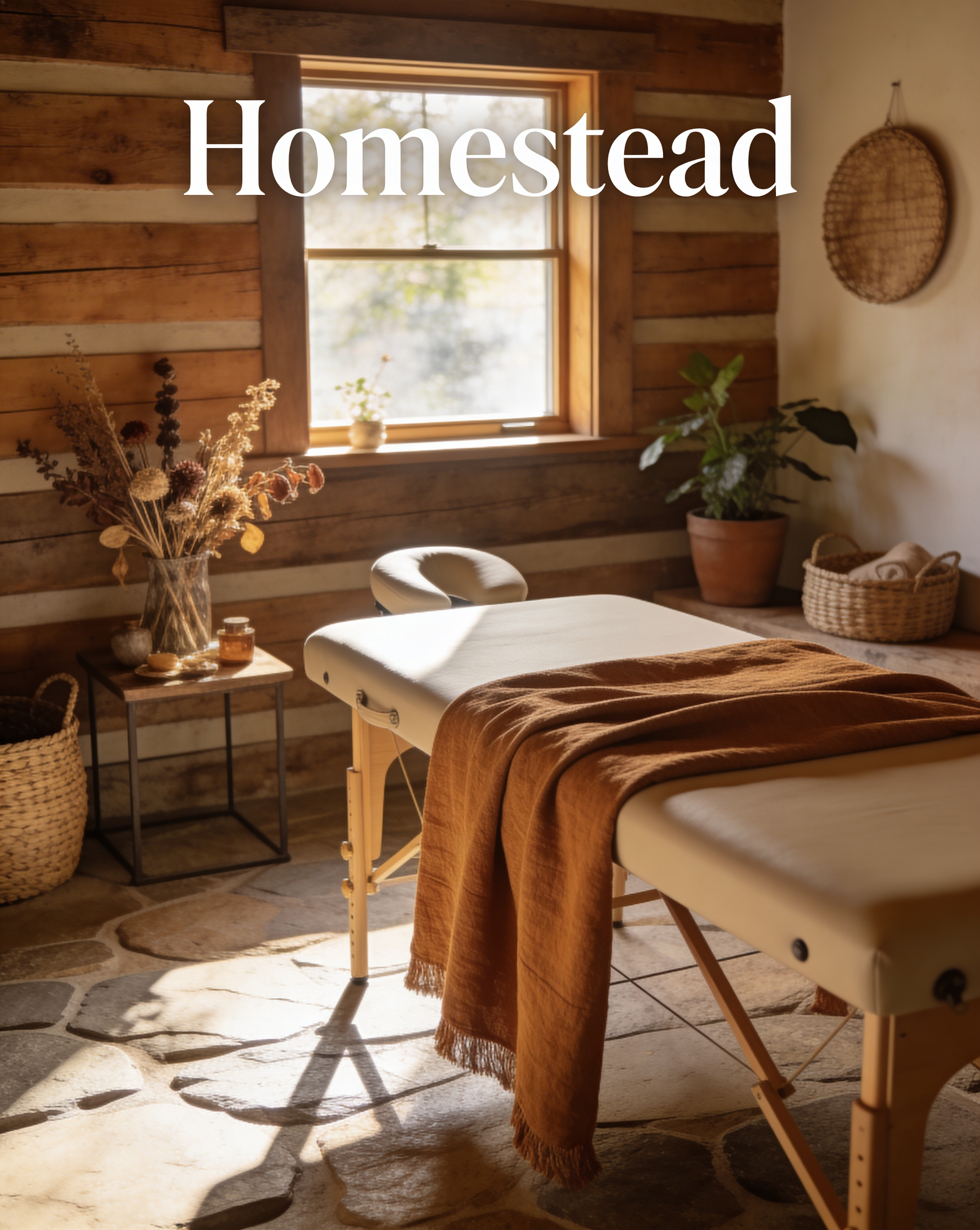 Generated with Kive.ai - rustic farmhouse spa treatment room for a wellness clinic called Homestead_ natural wood walls_ warm linen blankets_ stone textures_ soft sunlight through window_ minimal wellness treatment bed_ dried botanicals and-3.png