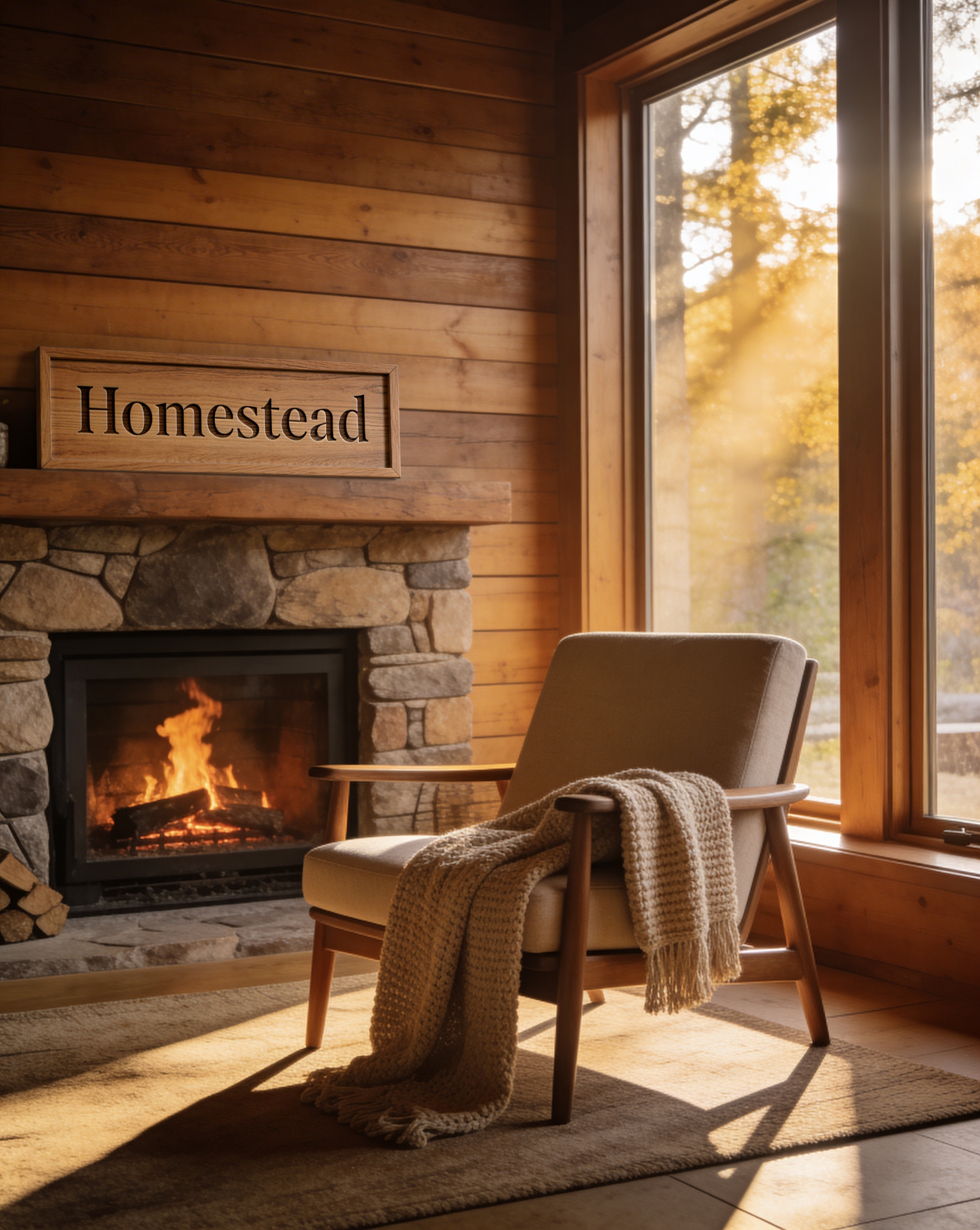 Generated with Kive.ai - rustic modern wellness retreat lounge for a brand called Homestead_ warm wooden plank walls_ natural stone fireplace_ soft golden sunlight through large window_ cozy linen wellness chair with knitted blanke.png