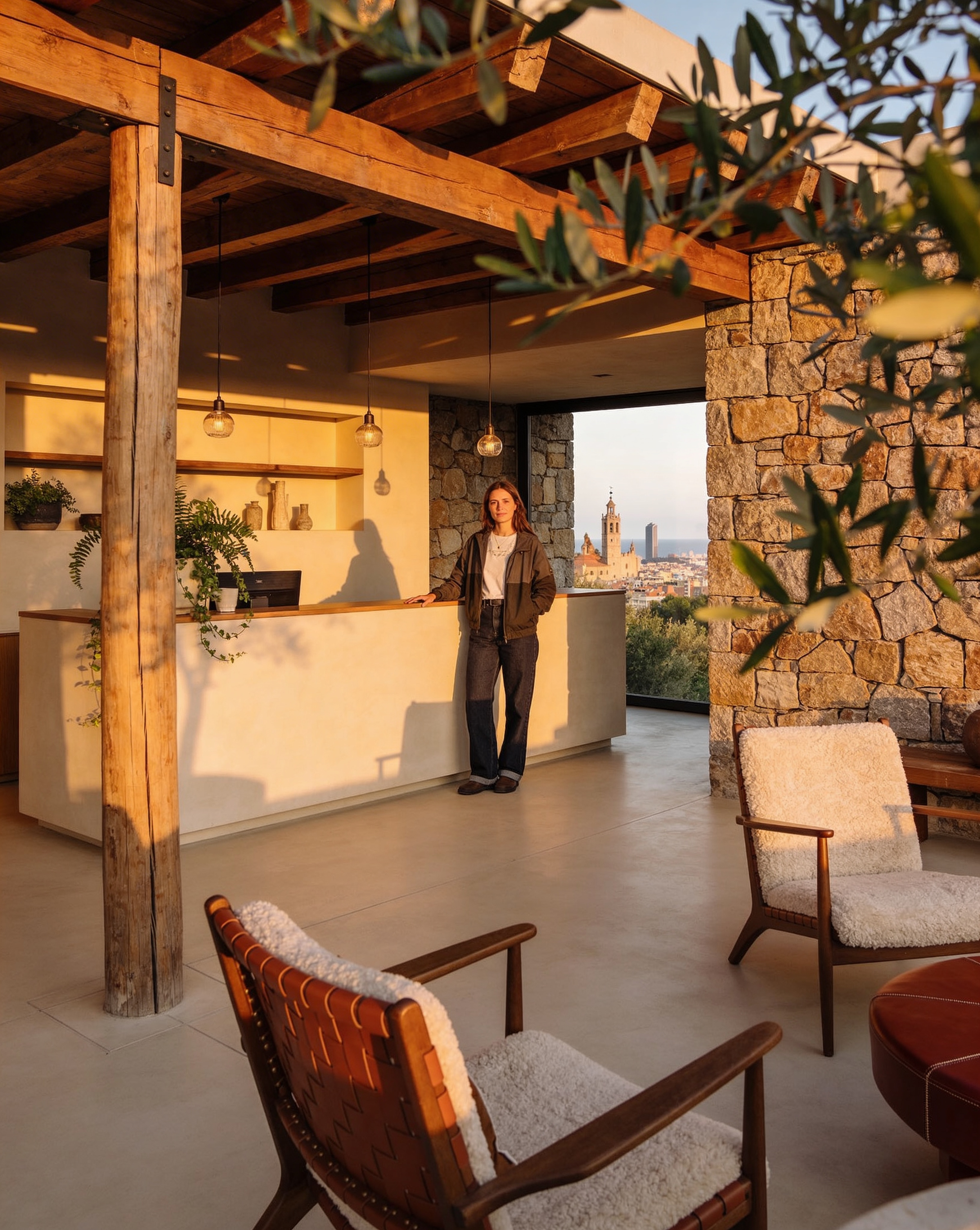 Generated with Kive.ai - luxury wellness lodge reception interior_ rustic modern architecture with natural wood beams and stone walls_ warm neutral earth tones_ soft golden lighting_ minimalist reception desk_ indoor plants and linen texture-4.png