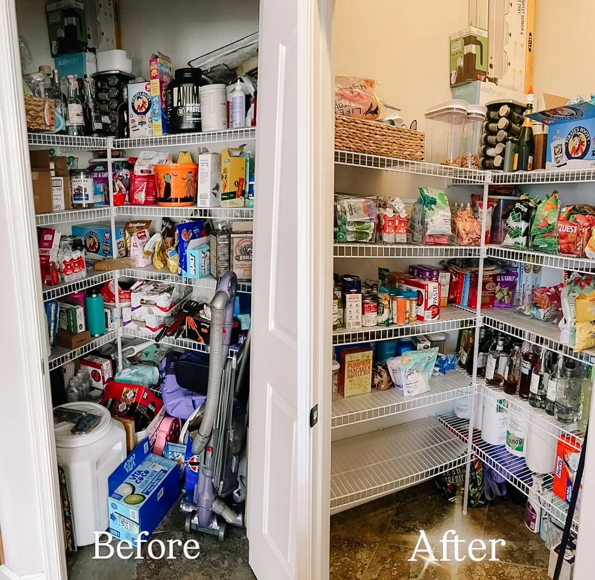 Comparison of a messy pantry before and after organization with shelves filled with snacks, food items, and household supplies.