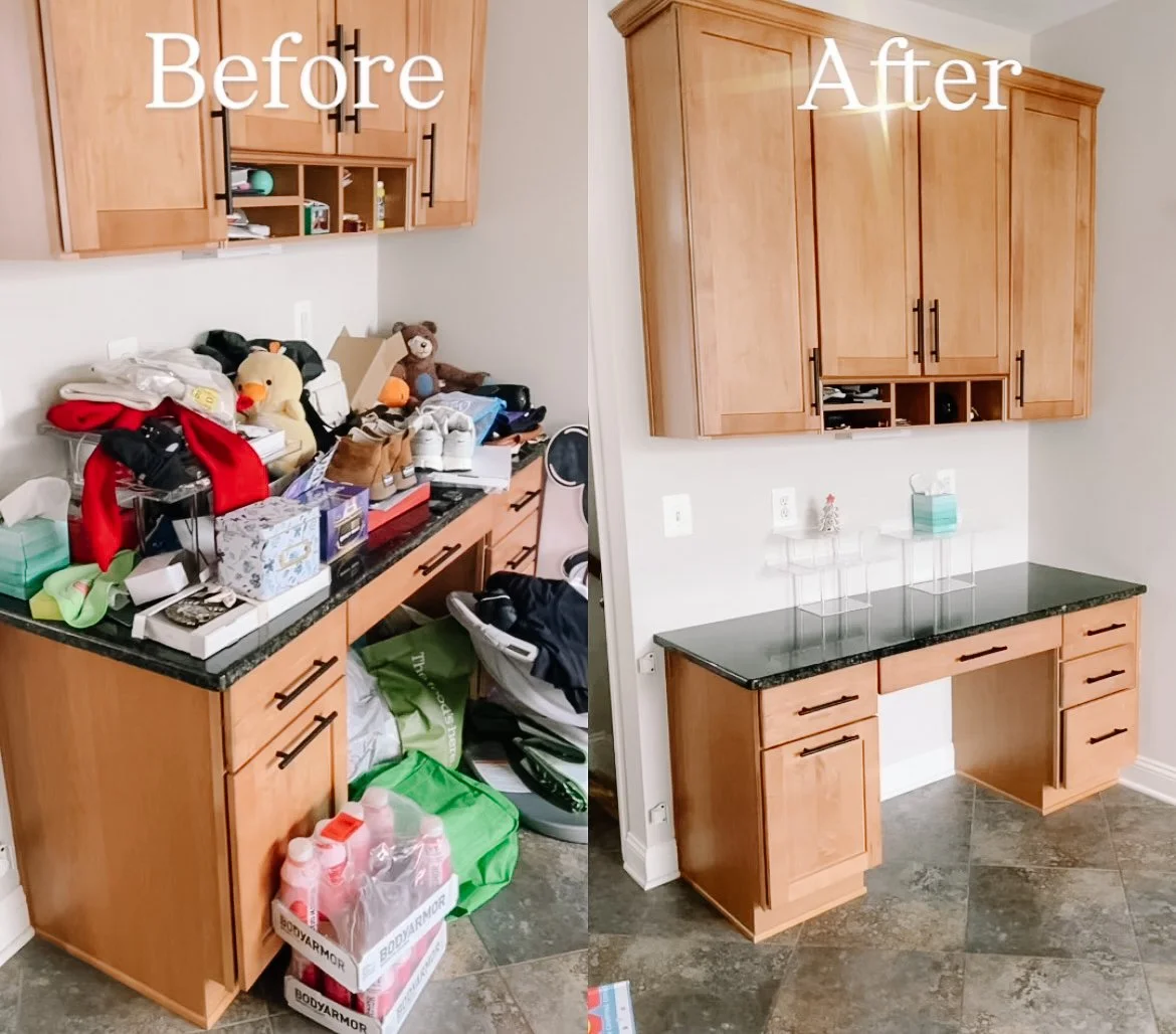 Side-by-side photos showing a cluttered kitchen counter and cabinets before cleaning on the left, and a clean, organized counter and cabinets after cleaning on the right.