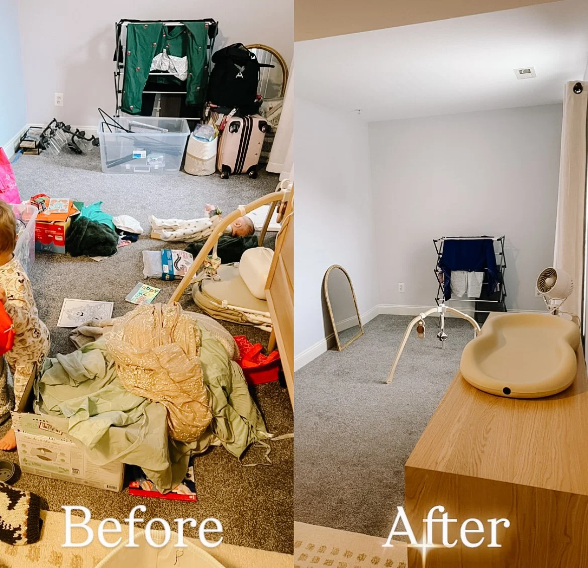 Side-by-side comparison of a cluttered room and a cleaned, organized room. The 'Before' shows toys, clothes, and household items cluttered on the floor. The 'After' shows a tidy room with no clutter, just a drying rack, a fan, and a changing table.