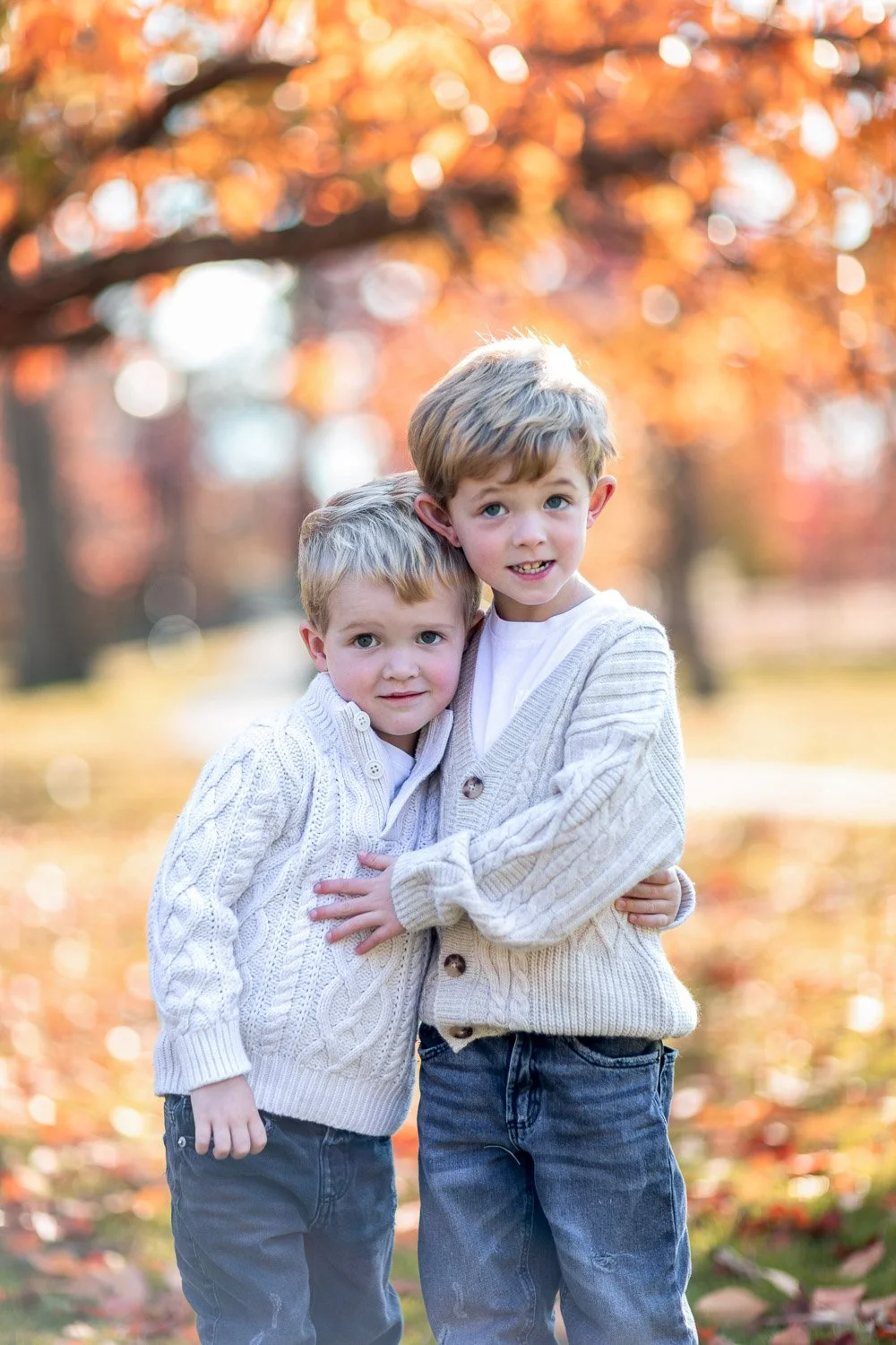 Two young boys with blonde hair and blue eyes standing outdoors in autumn, hugging each other, wearing cozy sweaters, with colorful fall trees in the background.