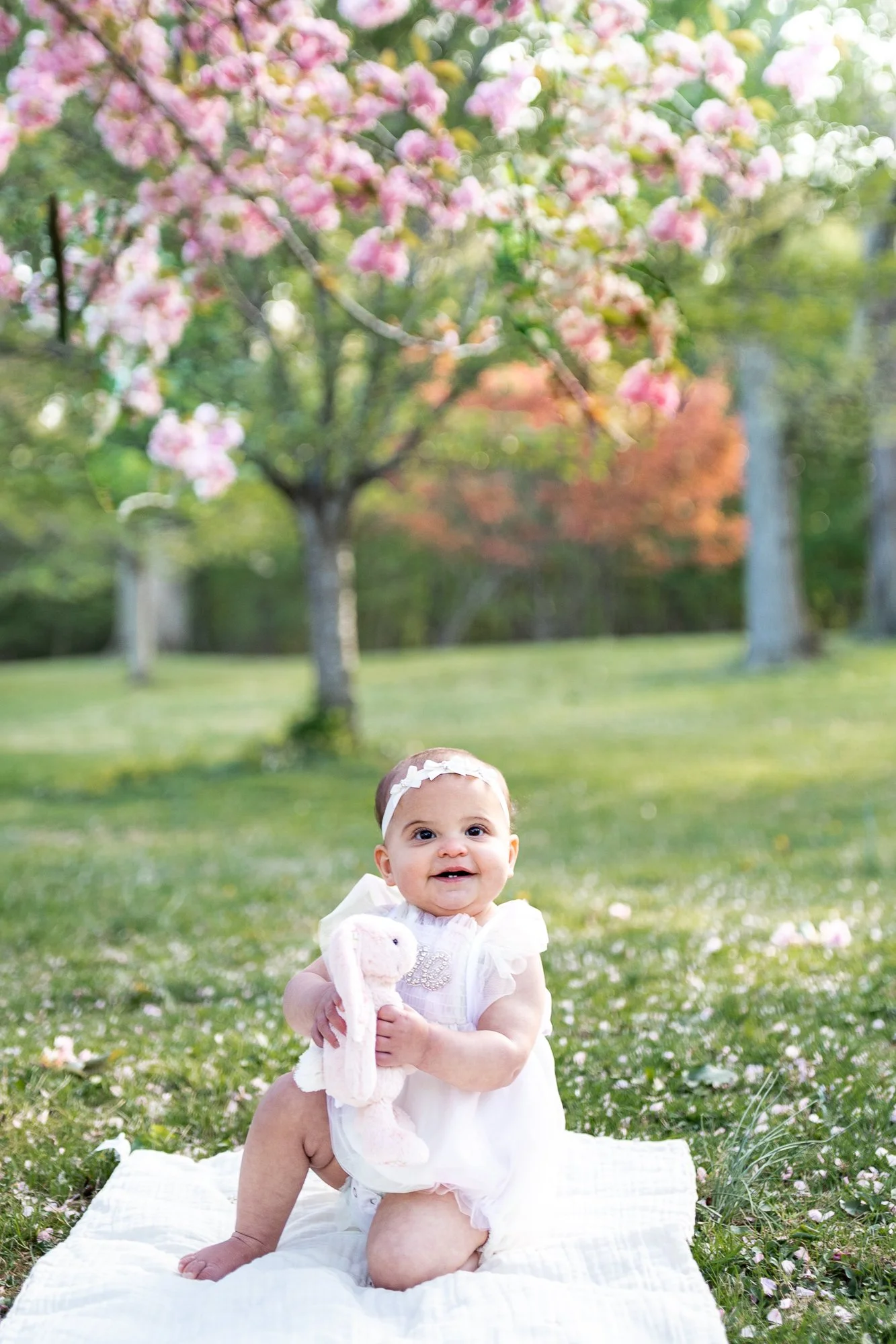 A smiling baby girl with a headband sitting on a blanket outdoors in a park, holding a teddy bear, with pink blooming trees and green grass in the background.
