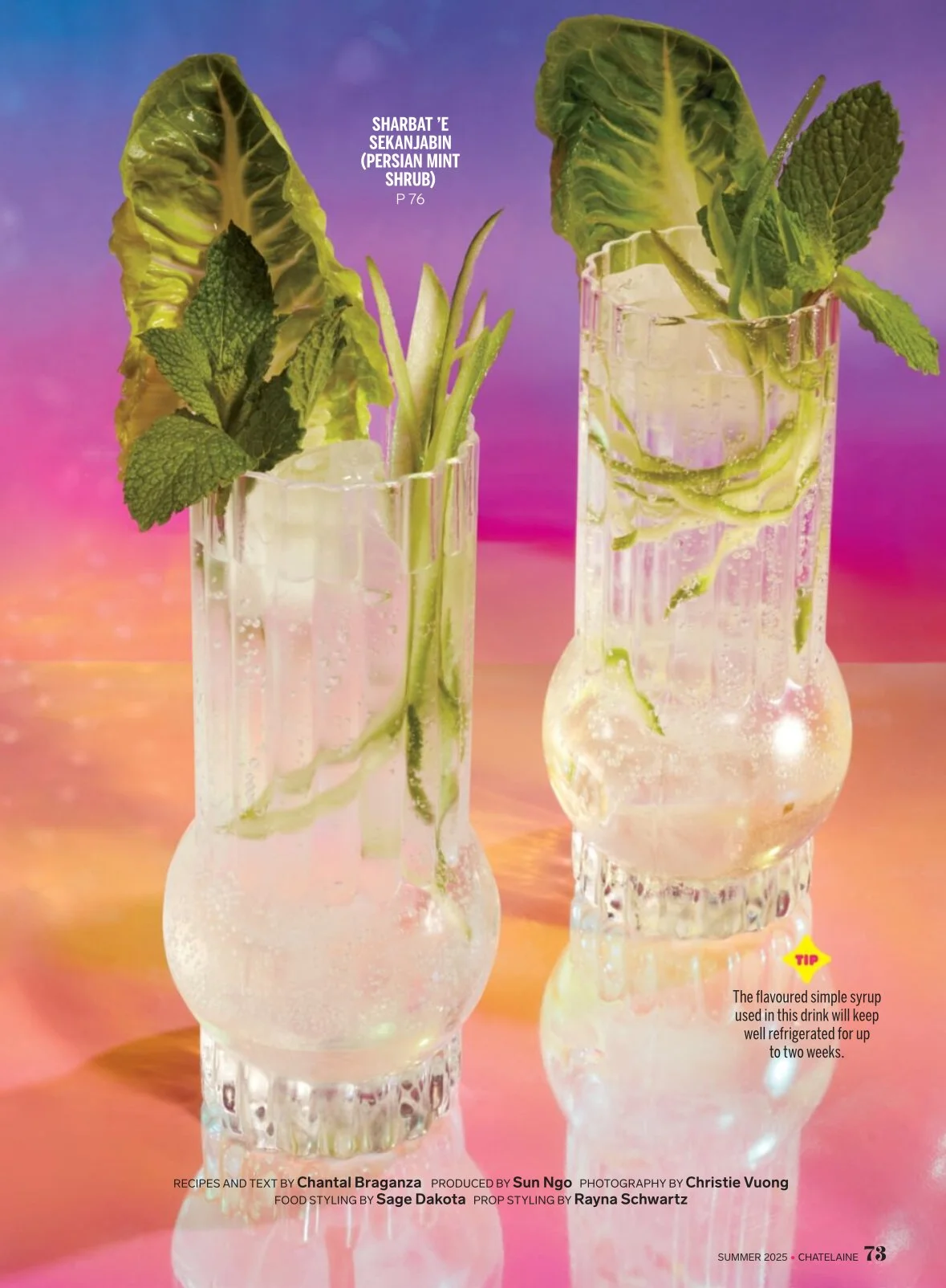 Chatelaine Magazine, styled by rayna marlee. Two glasses filled with drink, garnished with fresh mint and lettuce leaves. The background is a colorful gradient, and the image includes text about the drink and credits for recipe, photography, styling.