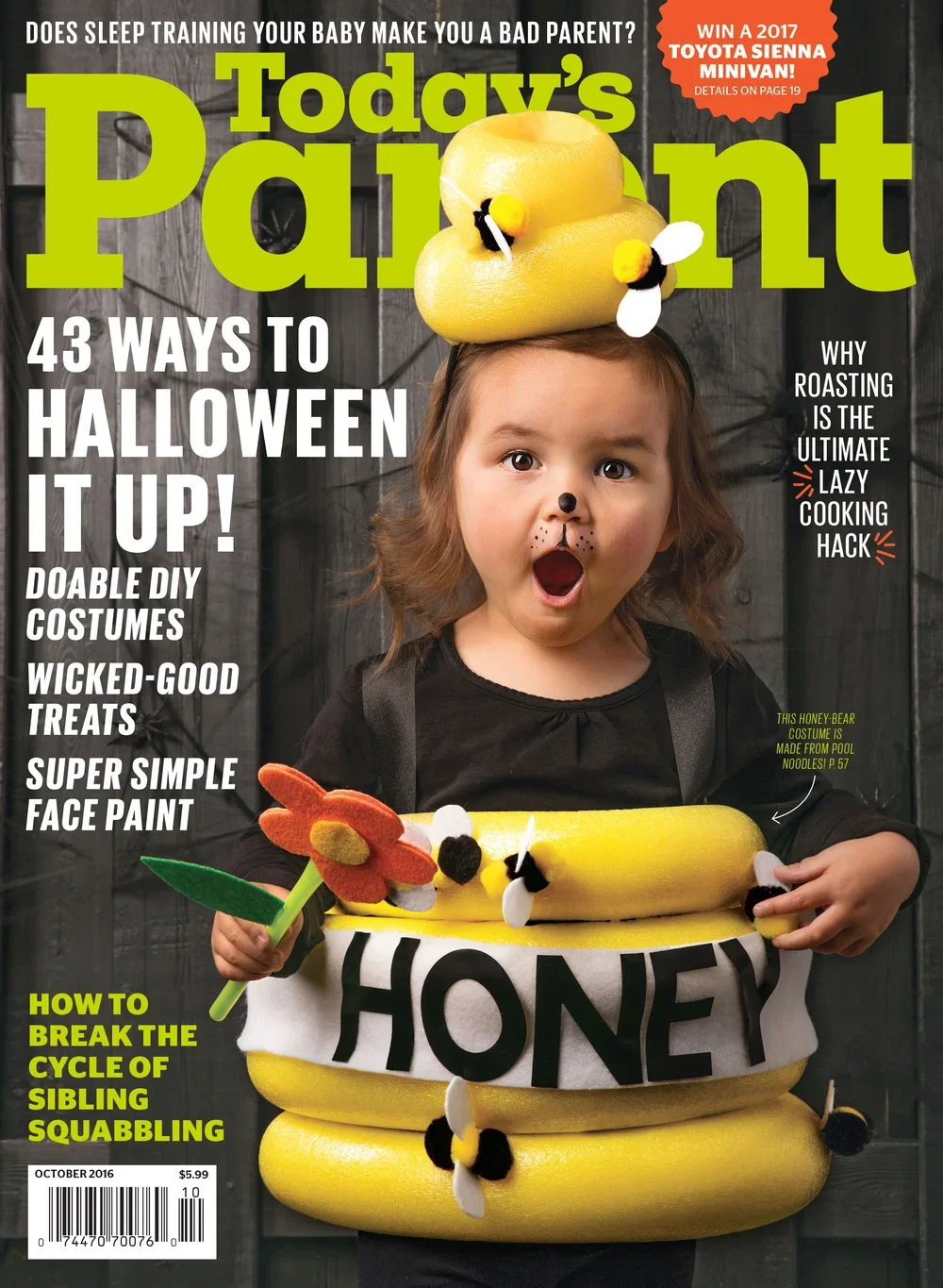 Today's Parent Magazine prop styled by rayna marlee. A young girl dressed in a bee costume with a body made of foam rings labeled 'HONEY' and a headwear resembling a bee hive with yellow foam that has bee decorations
