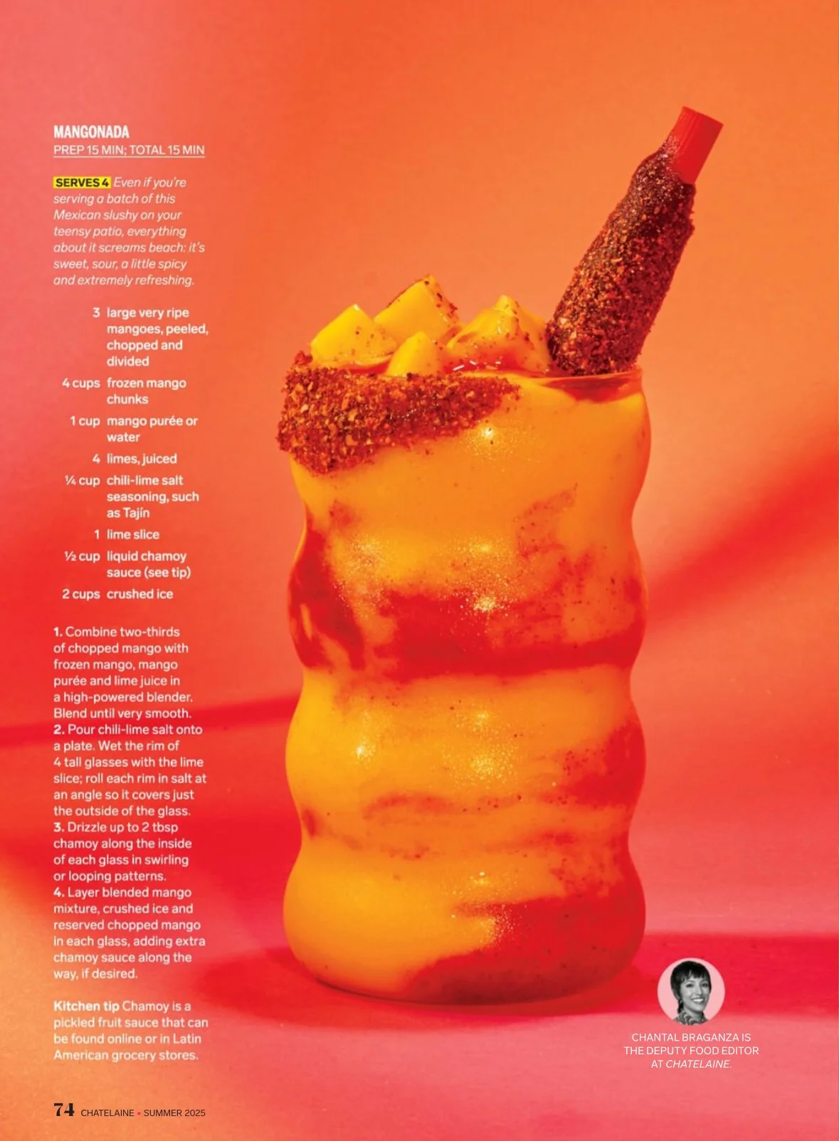 Chatelaine Magazine, styled by rayna marlee. Image of a colorful mango cocktail garnished with chopped mango, chili-lime salt, and lime slice, with a decorative chili-lime salt rim and crushed ice, on a pink background.
