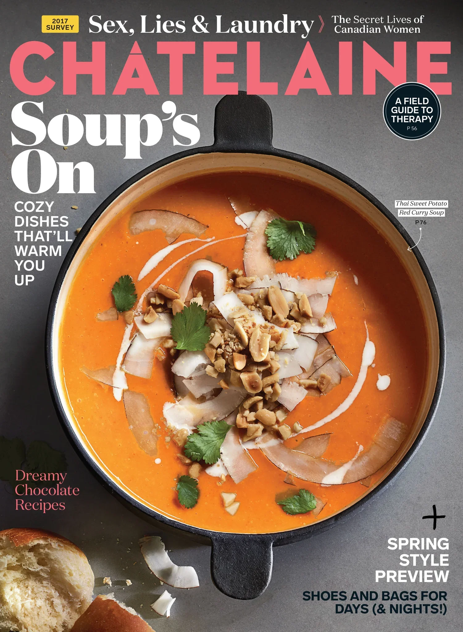 Chatelaine magazine cover prop styled by rayna marlee featuring a bowl of Thai sweet potato red curry soup topped with cilantro, chopped nuts, and coconut shavings, with a slice of bread partially visible at the bottom left.