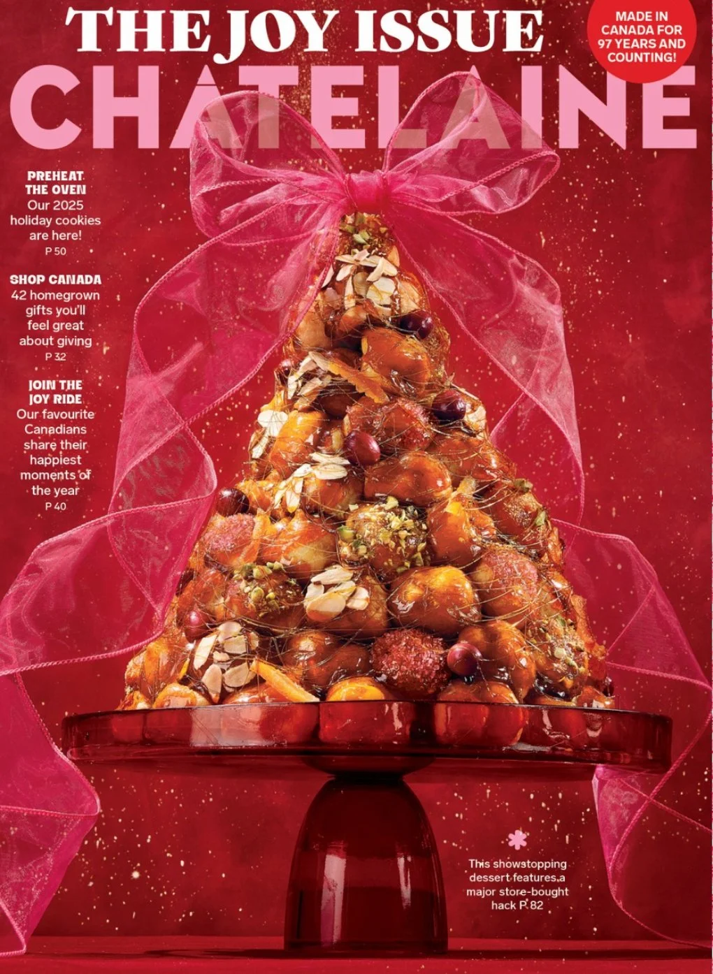 Cover of Chatelaine holiday magazine featuring a dessert shaped like a Christmas tree made of various sweets and nuts, decorated with a pink ribbon at the top, on a red background with gold confetti.