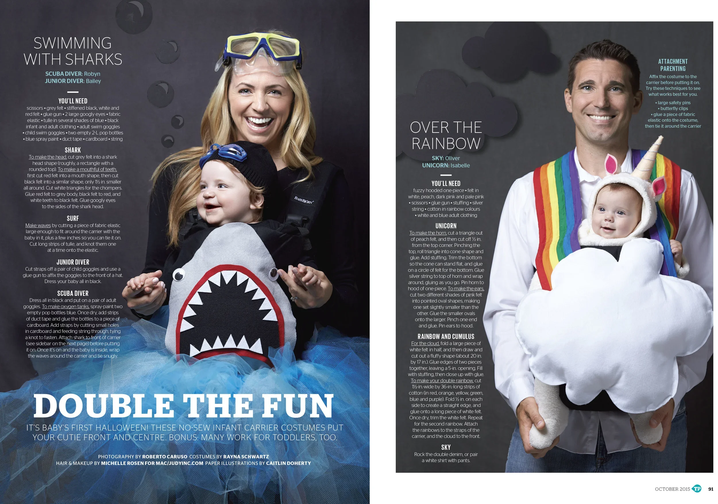 Today's Parent magazine cover prop styled by rayna marlee. a woman dressed as a scuba diver holding a baby dressed as a shark. A man in a unicorn costume holding a baby as a cloud with a rainbow