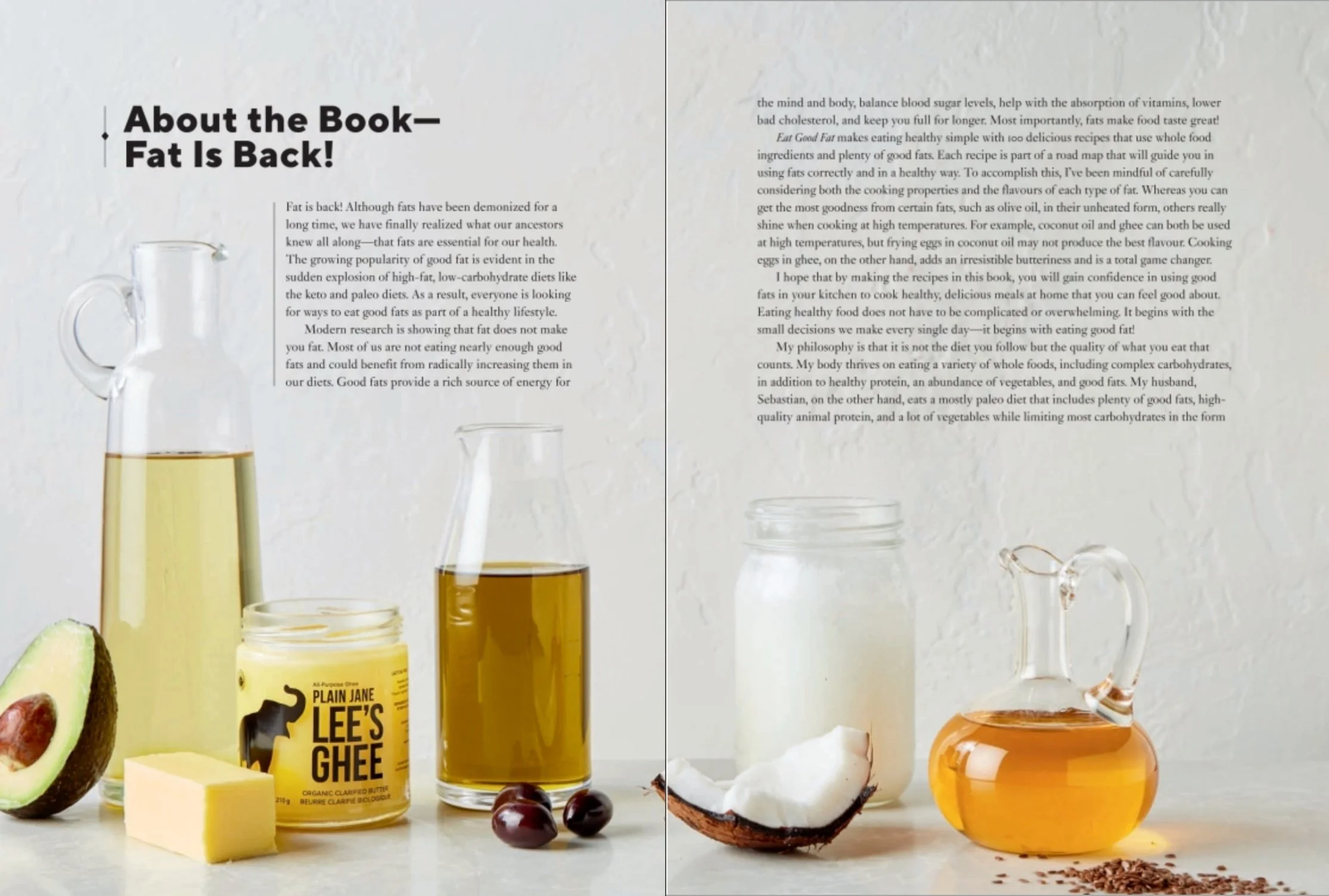 An open magazine spread featuring an article titled 'About the Book - Fat Is Back!' with images of various food items, including avocado, butter, a glass of oil, cherries, a jar of ghee, coconut, and honey. The left page has a white background with b