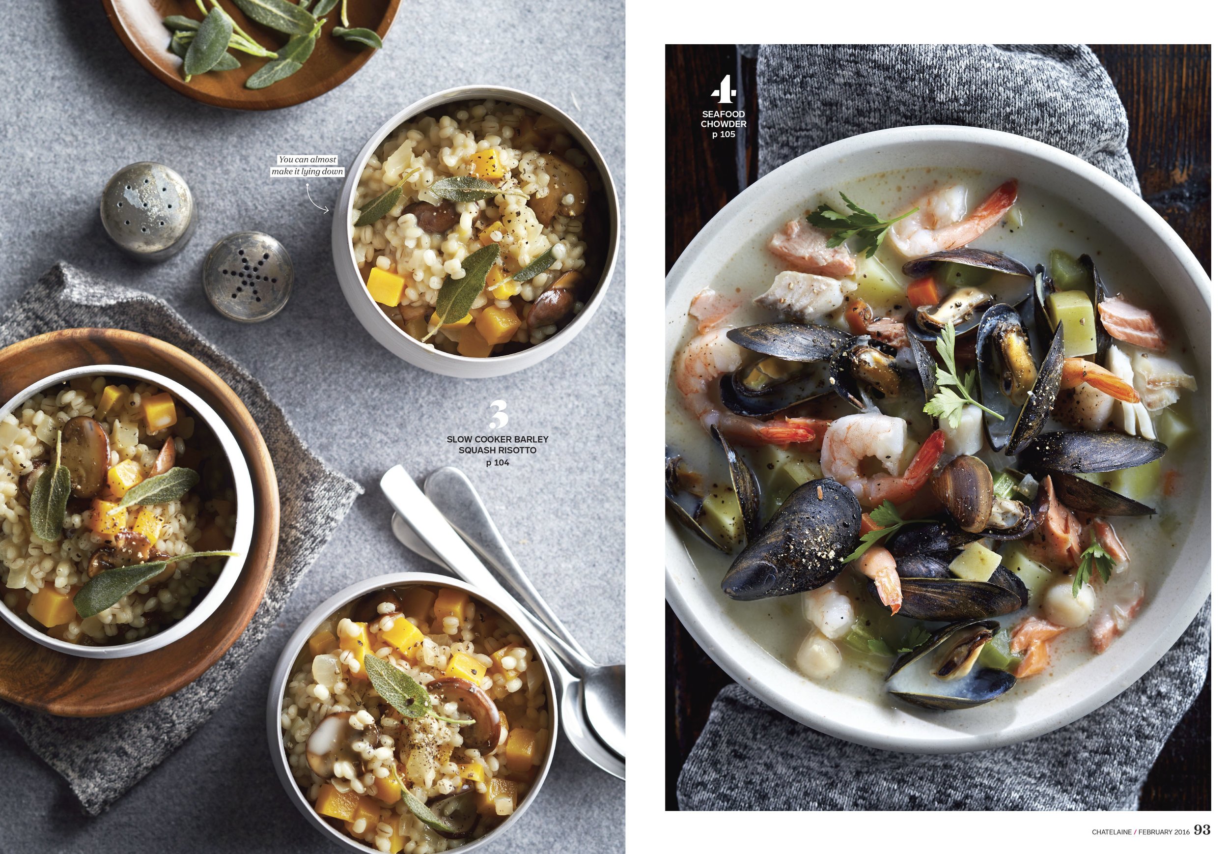 Photo of two bowls of barley squash risotto with sage leaves, one in a wooden bowl and the other in a white bowl, on a gray textured surface with salt and pepper shakers, and a smaller bowl of sage leaves. A separate close-up image of a seafood chowd