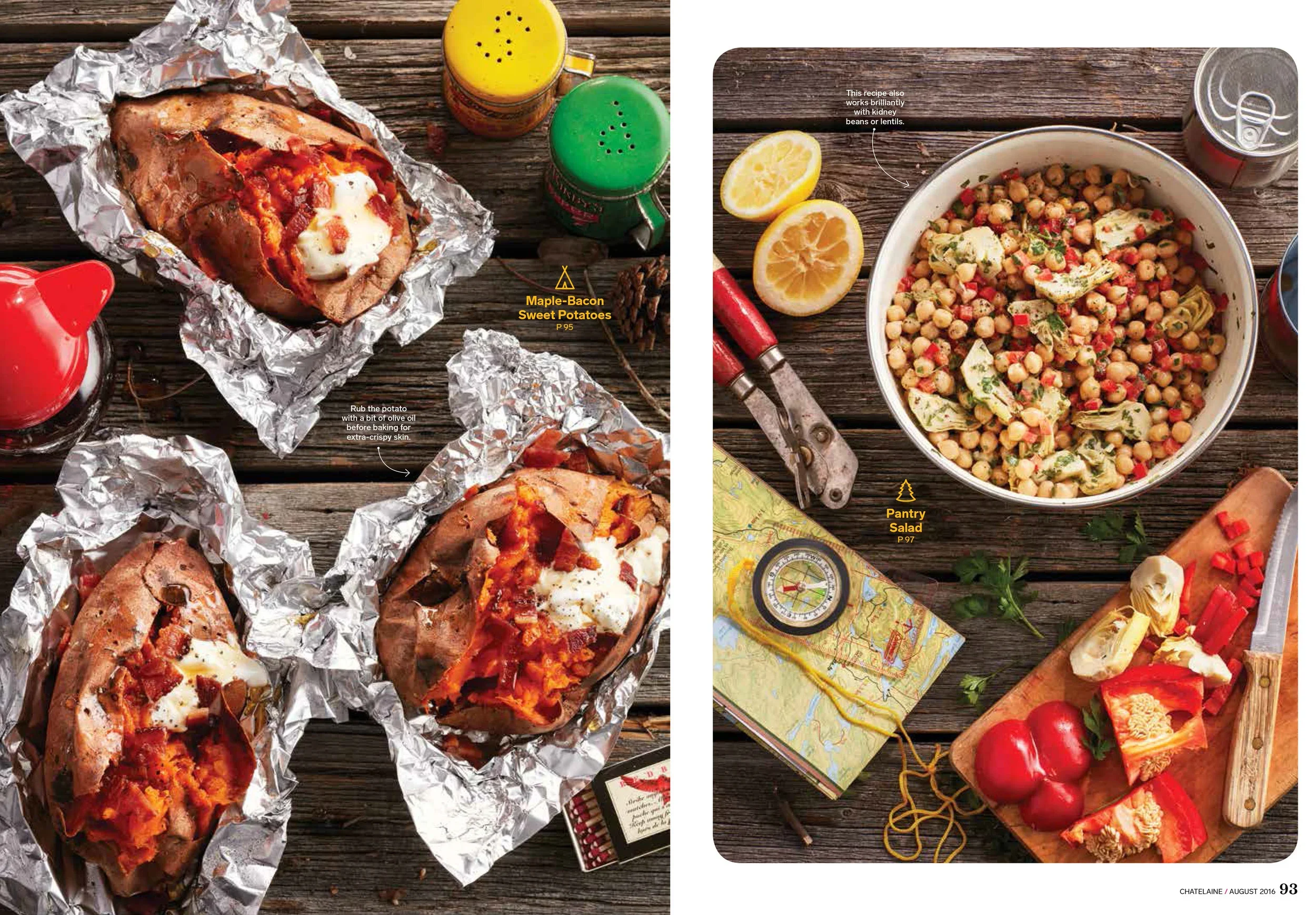 Chatelaine Magazine, styled by rayna marlee. Three baked sweet potatoes wrapped in aluminum foil, topped with bacon and cheese, on a rustic wooden surface with condiment shakers.