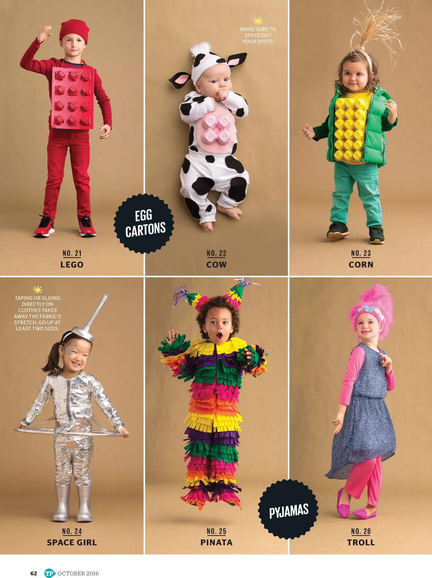 Today's Parent Magazine prop styled by rayna marlee. including a boy in a LEGO halloween costume, a baby in a cow costume, a girl in a corn costume, a girl in a space girl costume, a child in a piñata costume, and a girl in a troll costume