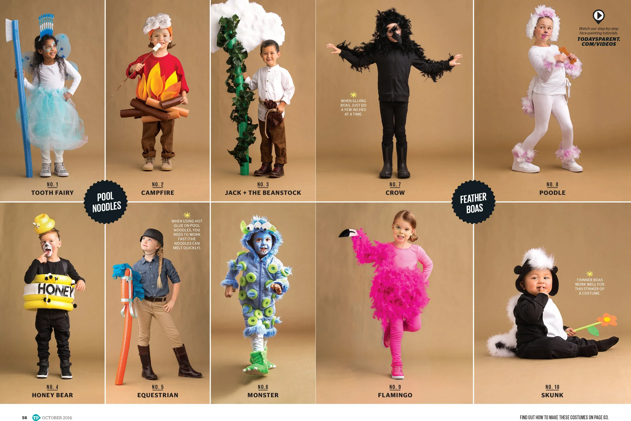 Today's Parent Magazine prop styled by rayna marlee. Children dressed in various costumes, including a fairy, camper, Jack and the Beanstalk, crow, poodle, honey bear, equestrian, monster, flamingo, and skunk, displayed against a beige background.