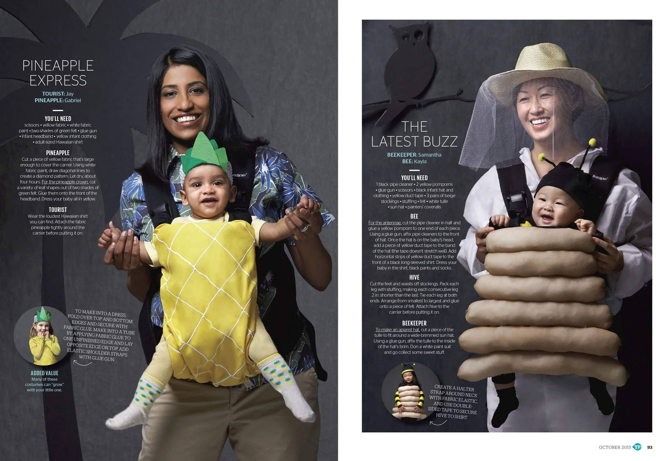 Today's Parent magazine cover prop styled by rayna marlee. Two women each holding a child in a pineapple costume with instructions for a pineapple-themed dress-up project