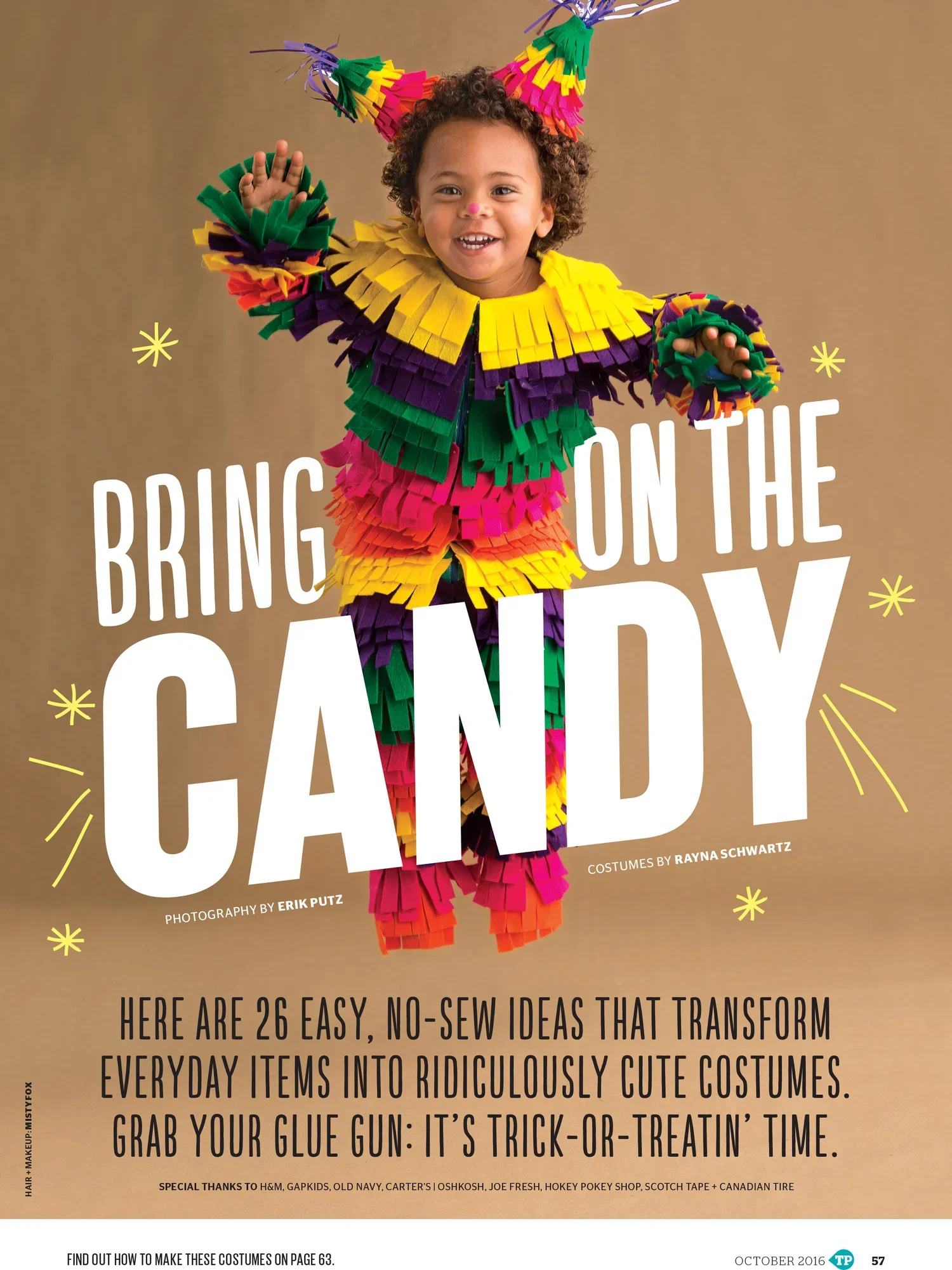 Today's Parent Magazine prop styled by rayna marlee. Cover of a book titled 'Bring on the Candy' featuring a young child in a colorful, fringed costume with a party hat, smiling and waving.