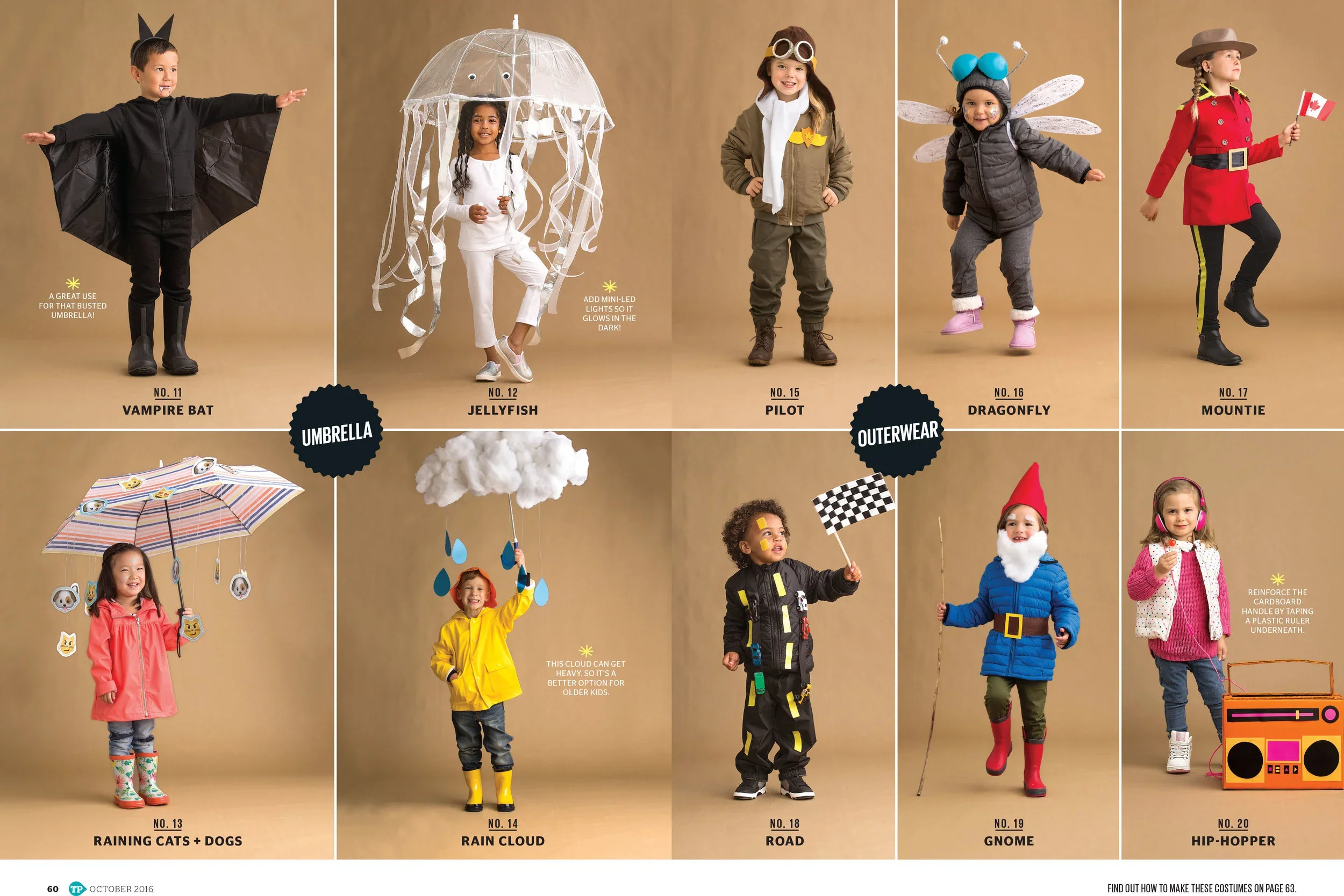 Today's Parent Magazine prop styled by rayna marlee. Children dressed in various halloween costumes including a vampire bat, jellyfish, pilot, dragonfly, mountie.