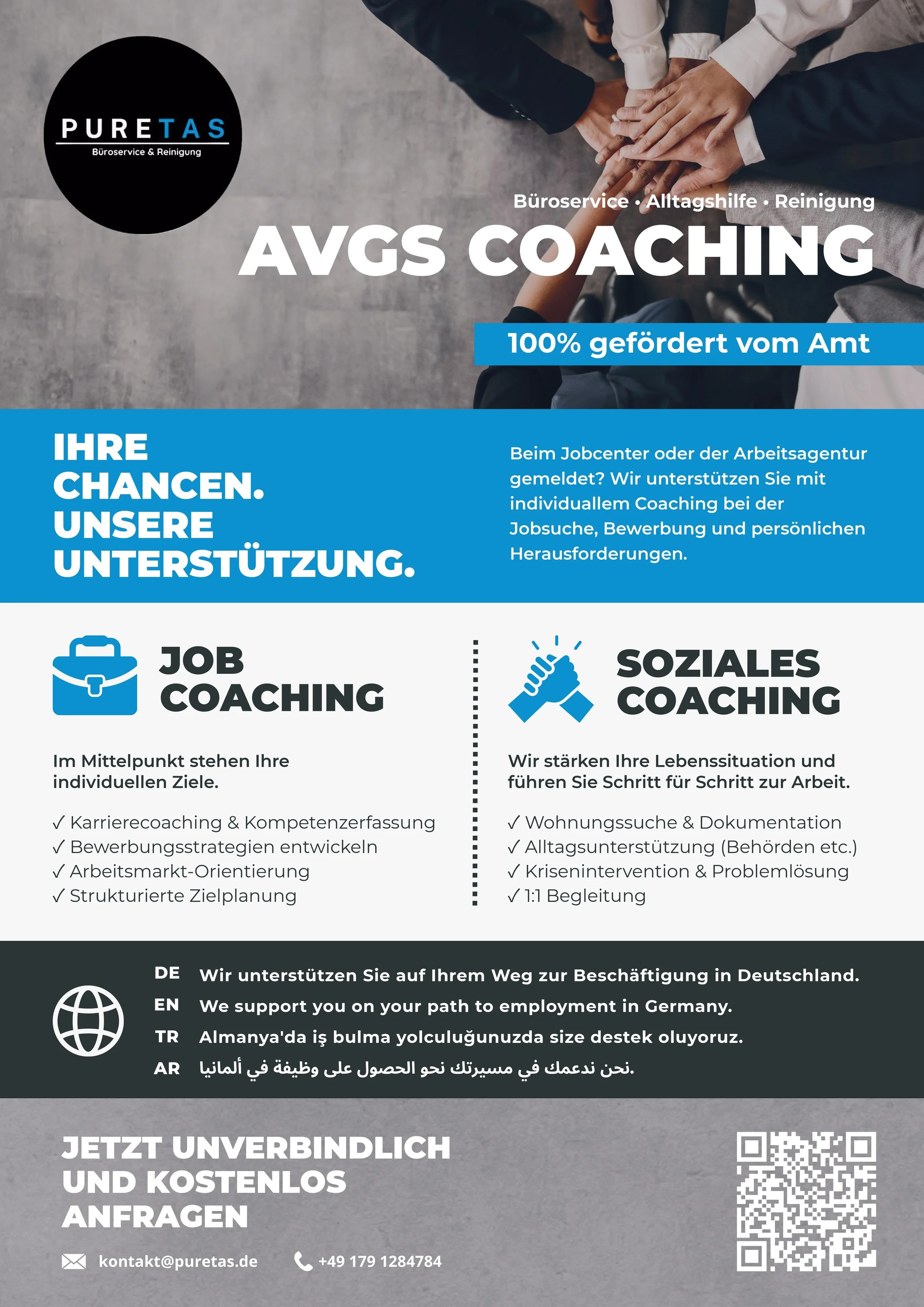 Flyer für einen Coaching-Service, der sich auf Job- und Sozial-Coaching in Deutschland spezialisiert hat. Enthält Informationen auf Deutsch, Englisch, Türkisch und Arabisch, sowie Kontaktinformationen und einen QR-Code.